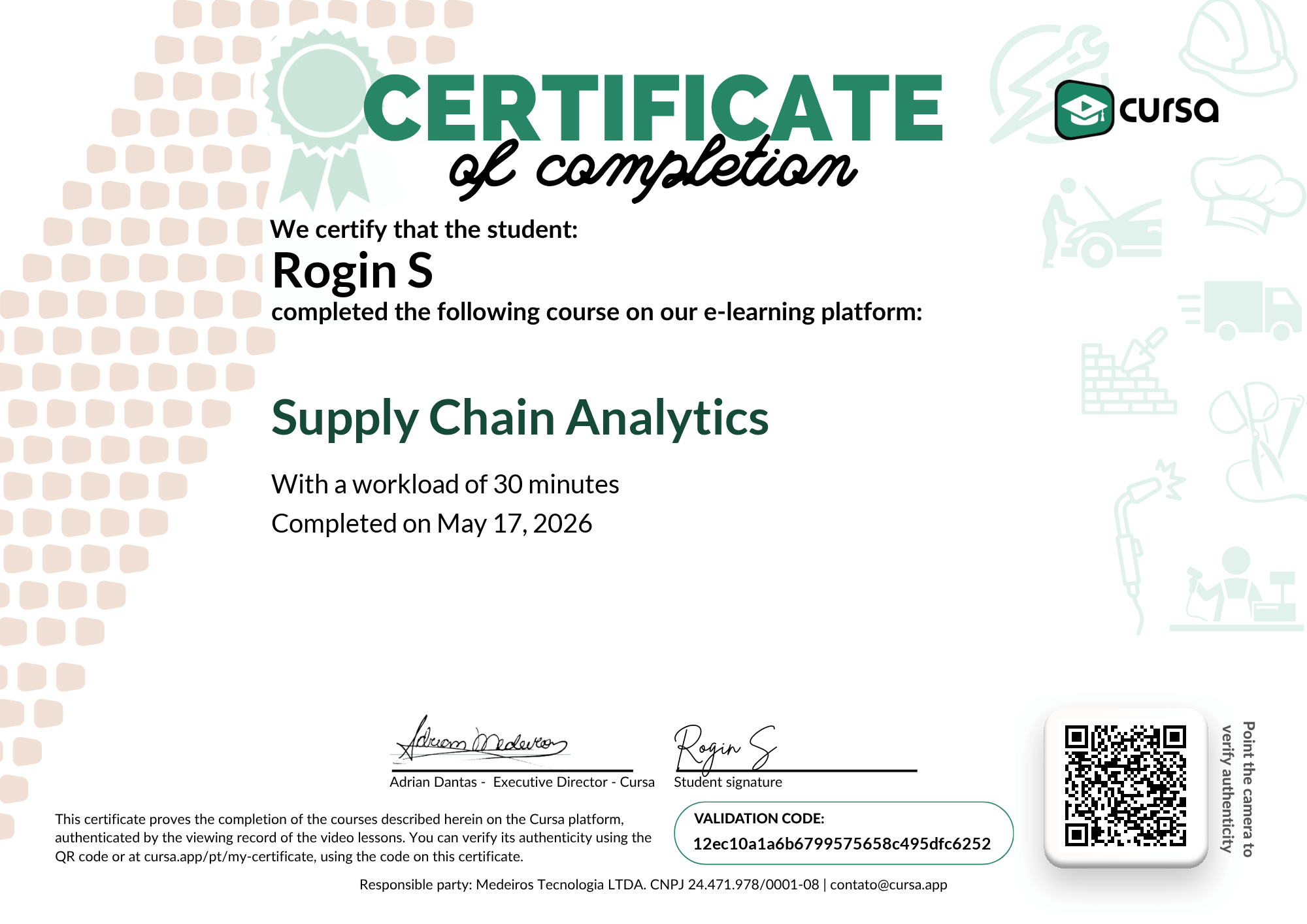 Image of my free Course Completion Certificate.