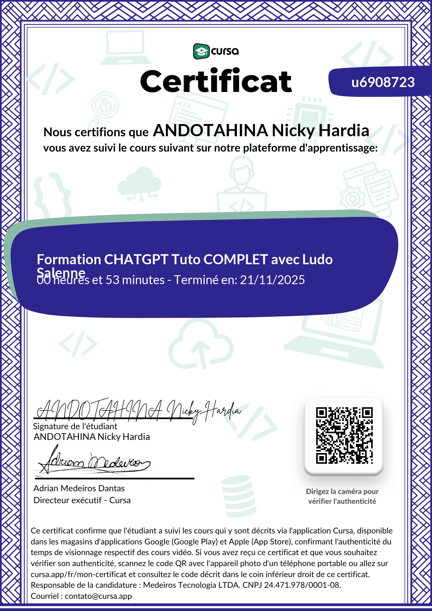 Image de mon certificat de fin de cours gratuit.
