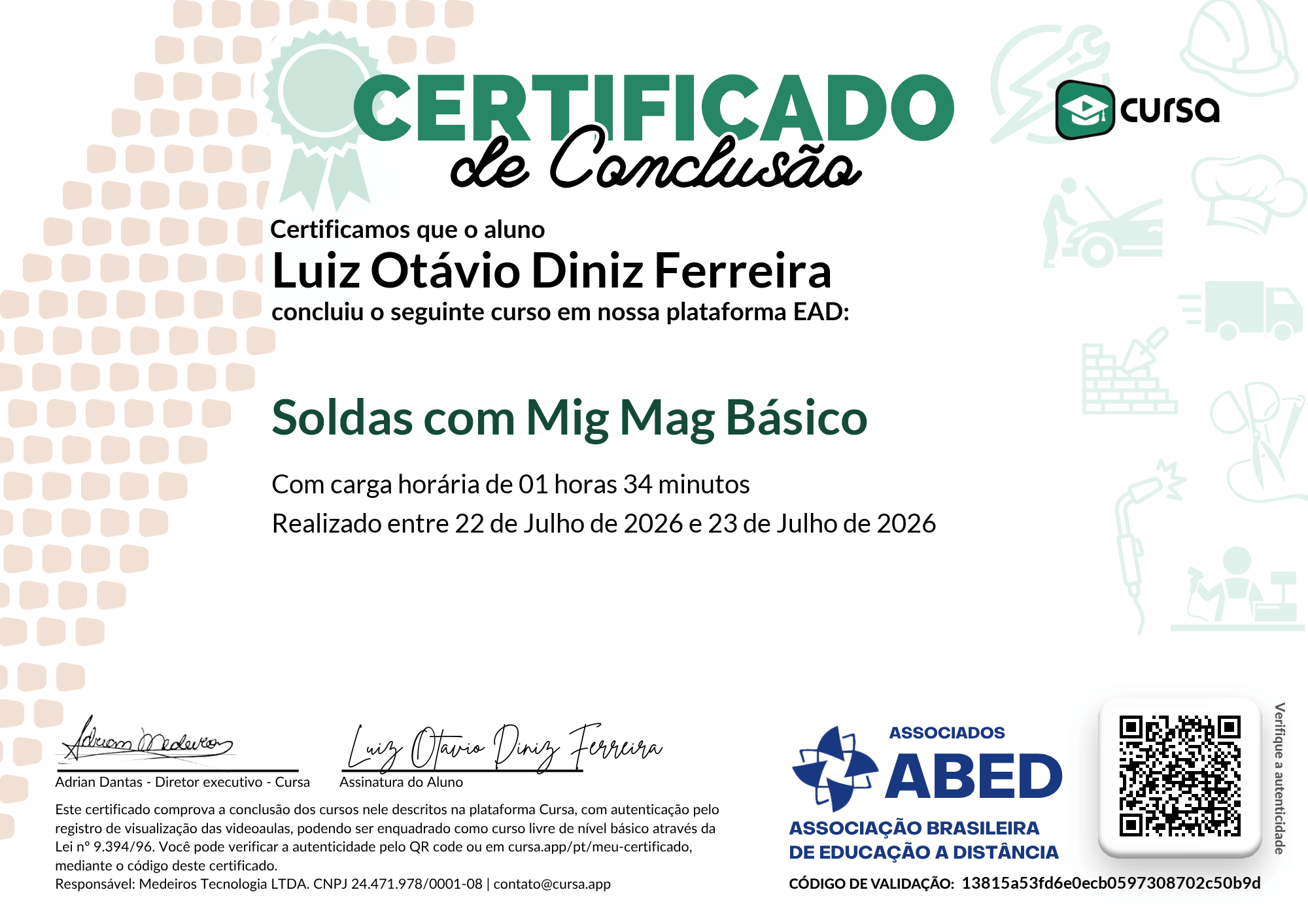 Imagem do meu Certificado gratuito de conclusão de curso.