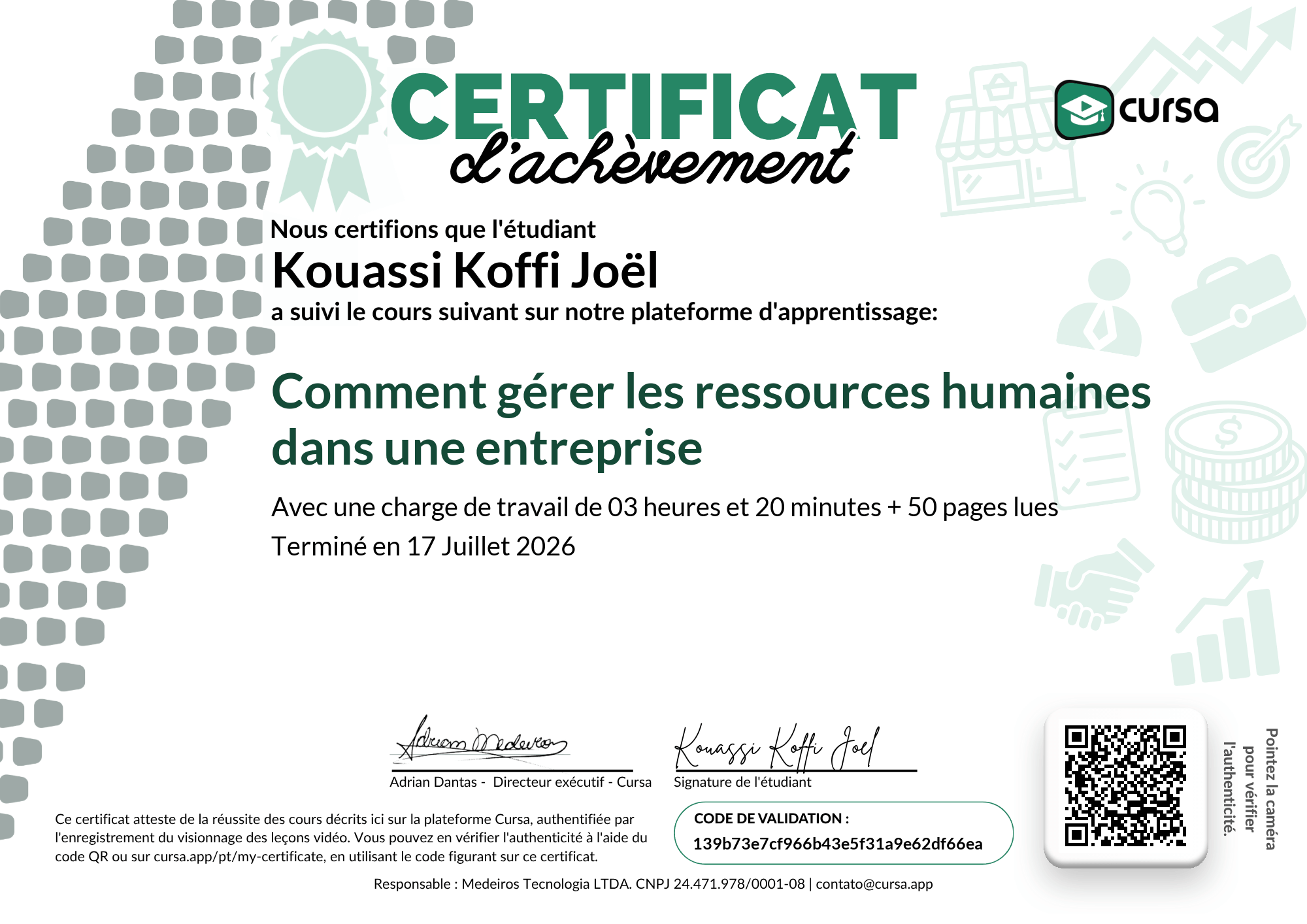 Image de mon certificat de fin de cours gratuit.