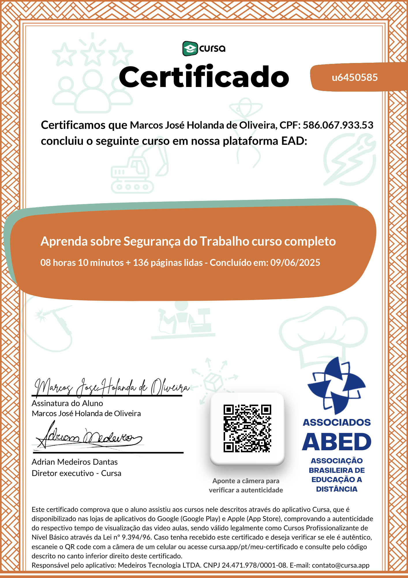 Imagem do meu Certificado gratuito de conclusão de curso.