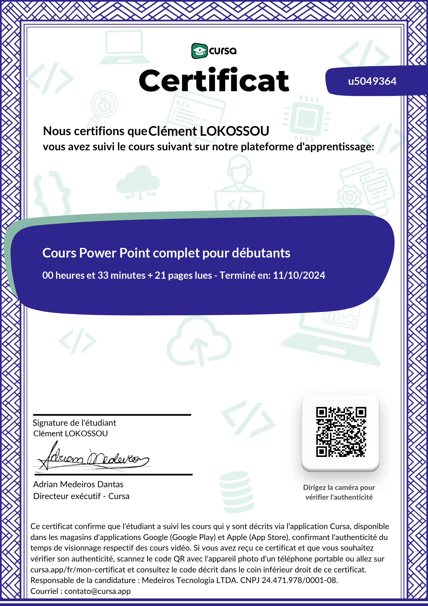 Image de mon certificat de fin de cours gratuit.
