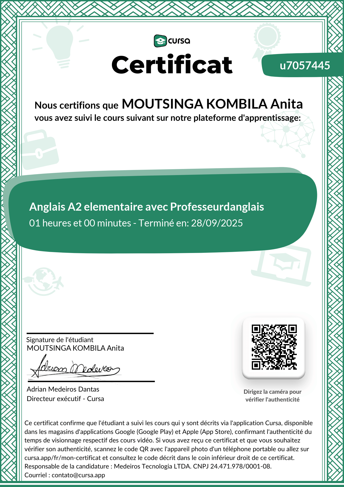 Image de mon certificat de fin de cours gratuit.
