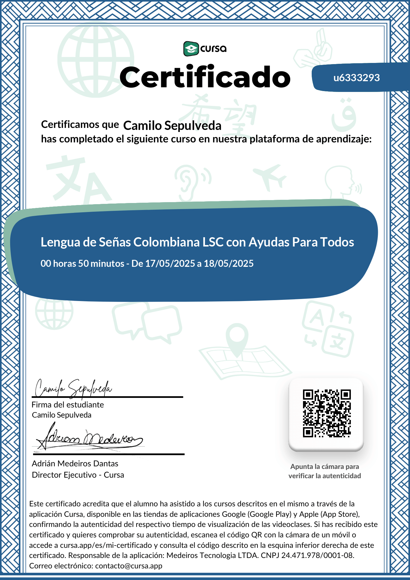 Imagen de mi Certificado de finalización del curso gratuito.
