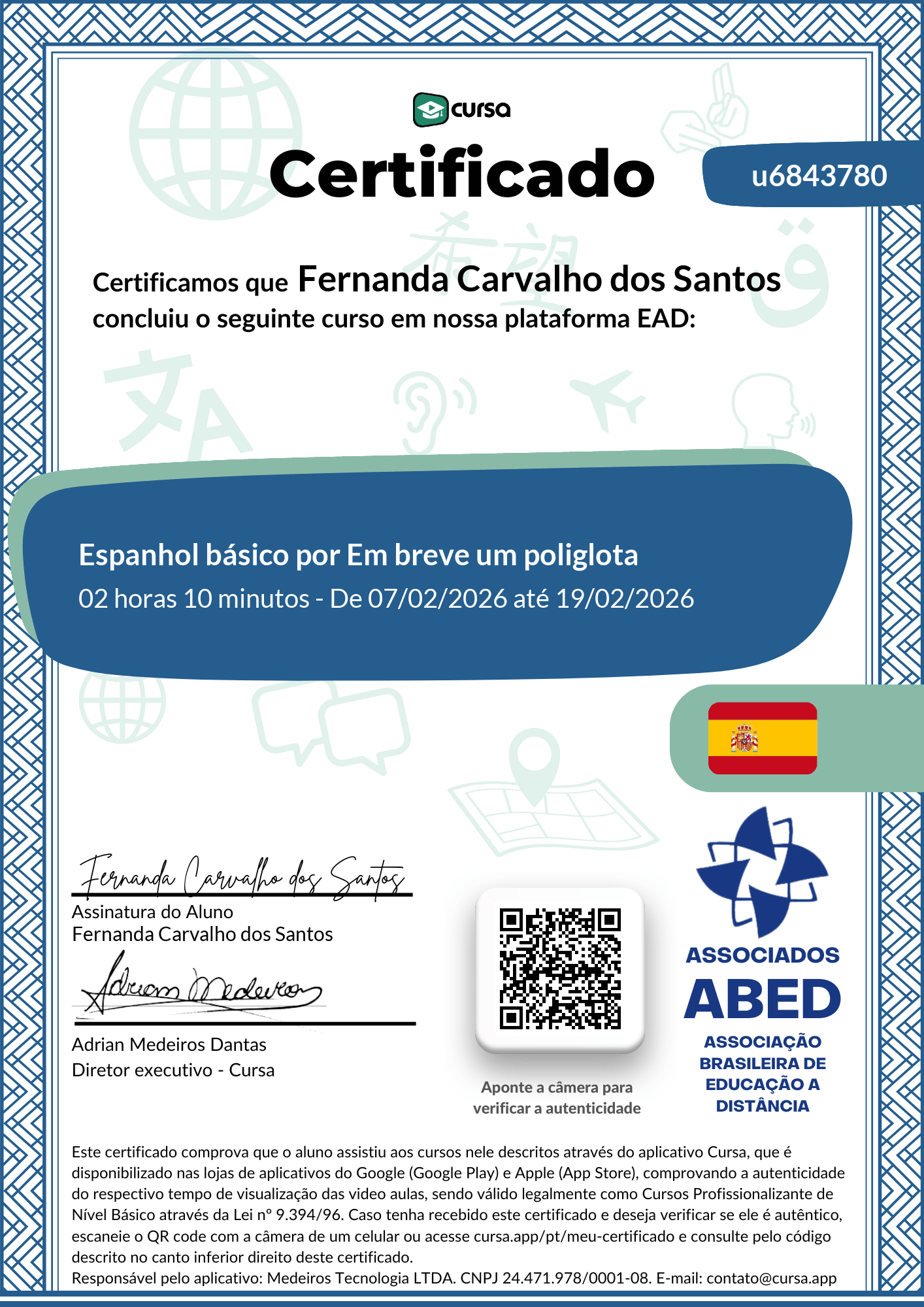 Imagem do meu Certificado gratuito de conclusão de curso.