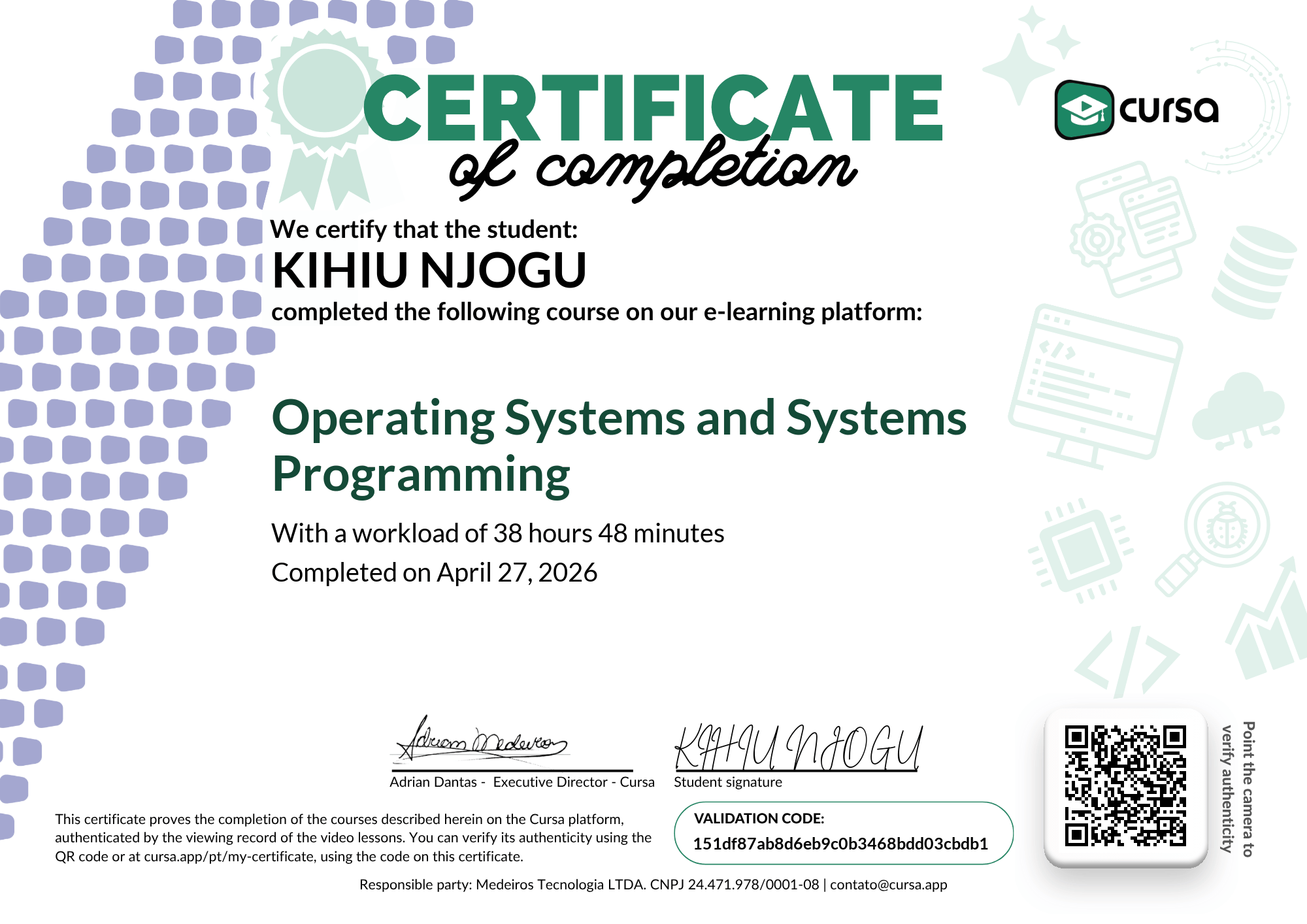 Image of my free Course Completion Certificate.