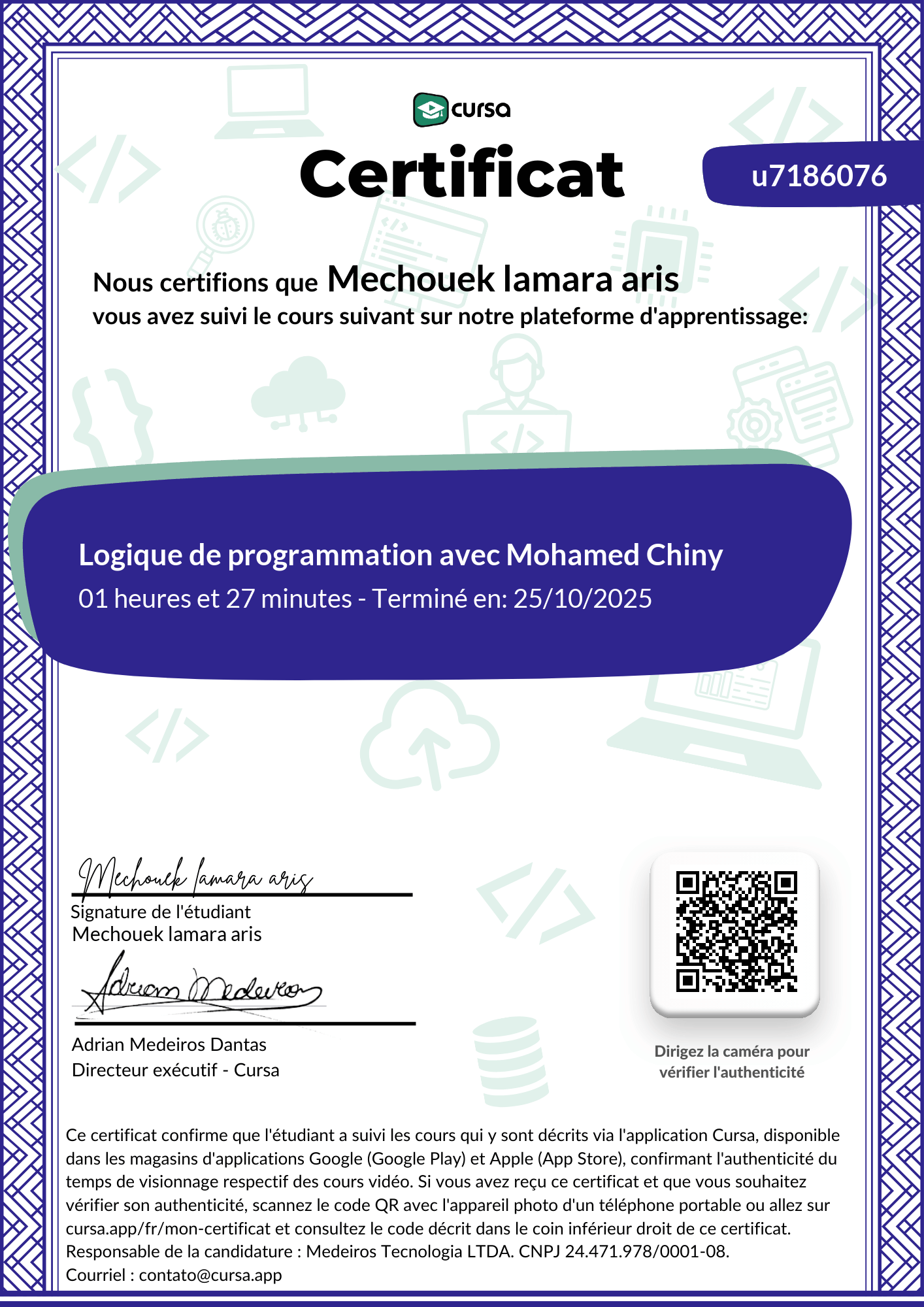 Image de mon certificat de fin de cours gratuit.