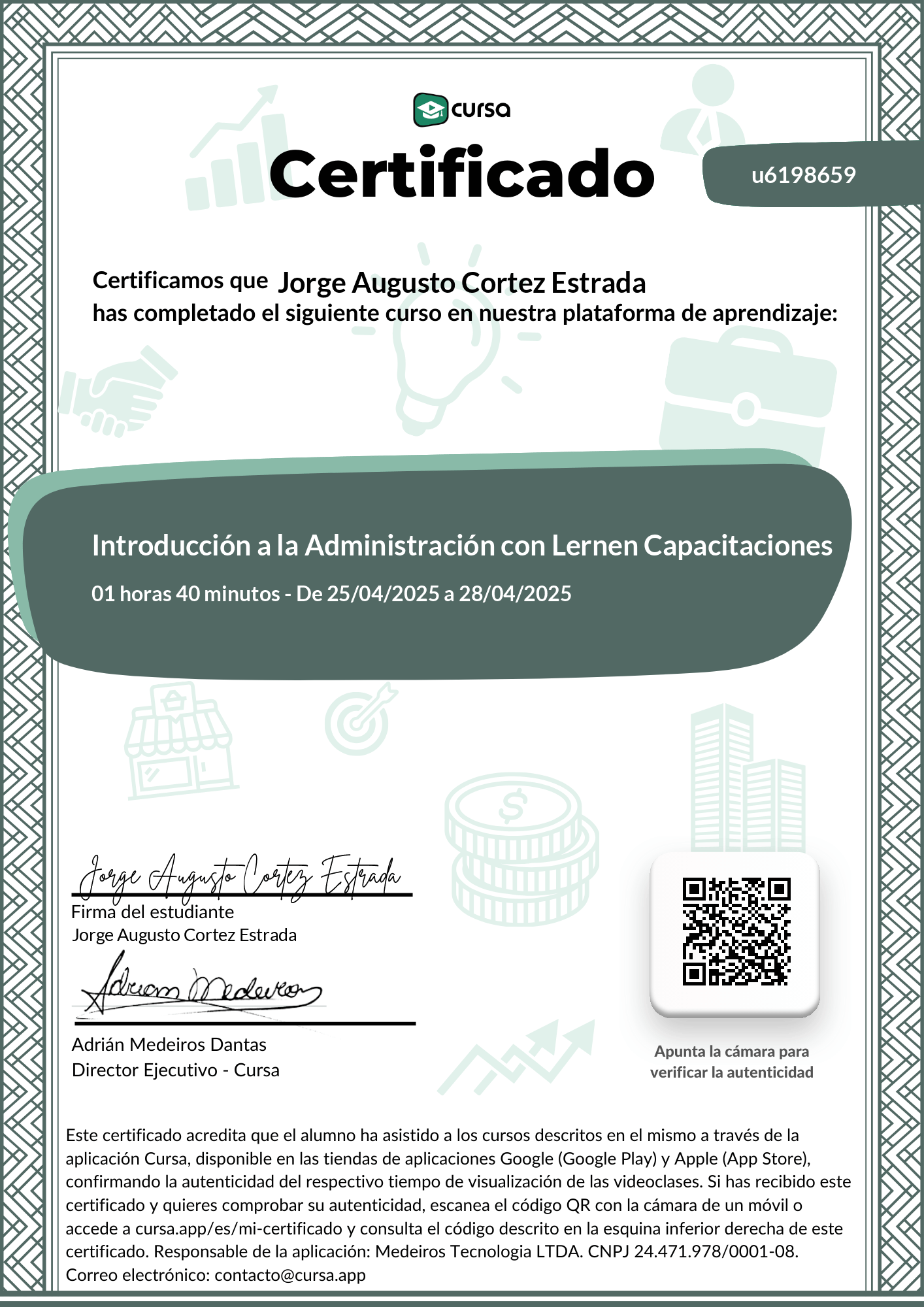 Imagen de mi Certificado de finalización del curso gratuito.