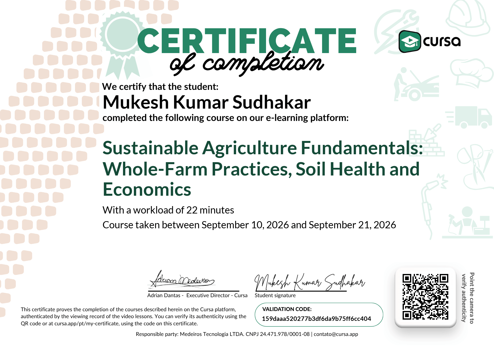 Image of my free Course Completion Certificate.