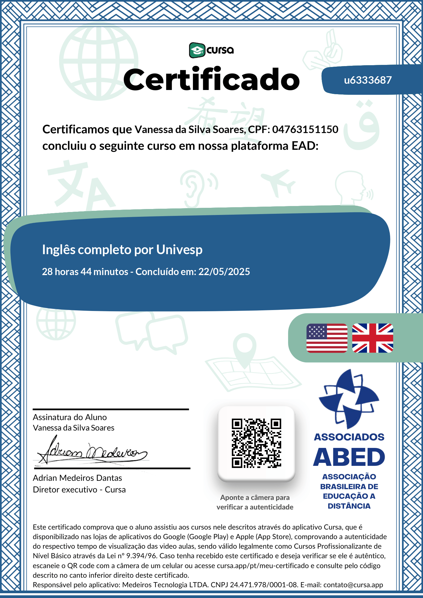 Imagem do meu Certificado gratuito de conclusão de curso.