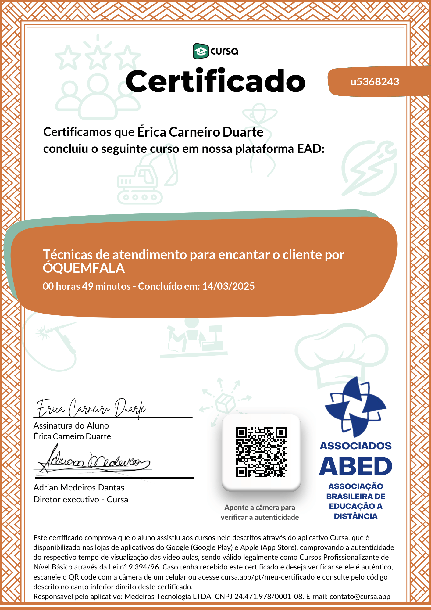 Imagem do meu Certificado gratuito de conclusão de curso.