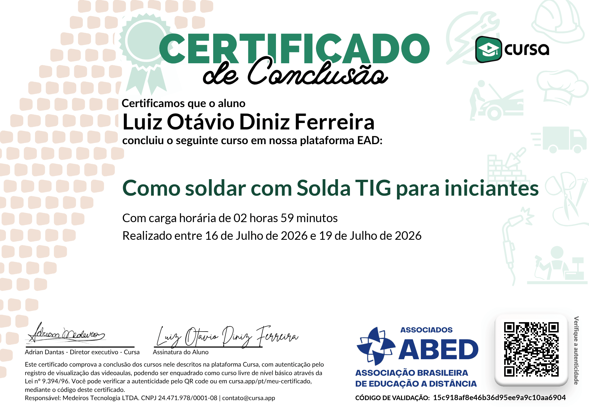 Imagem do meu Certificado gratuito de conclusão de curso.