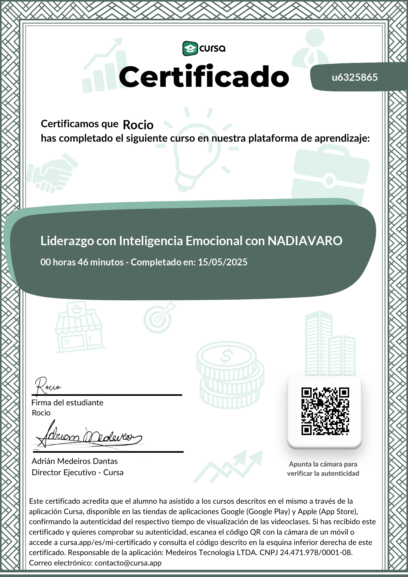 Imagen de mi Certificado de finalización del curso gratuito.