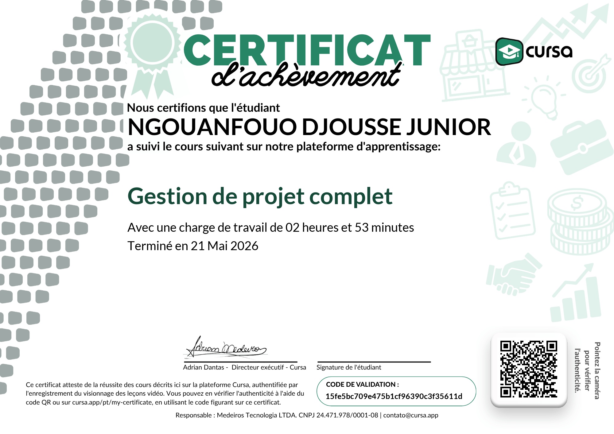 Image de mon certificat de fin de cours gratuit.