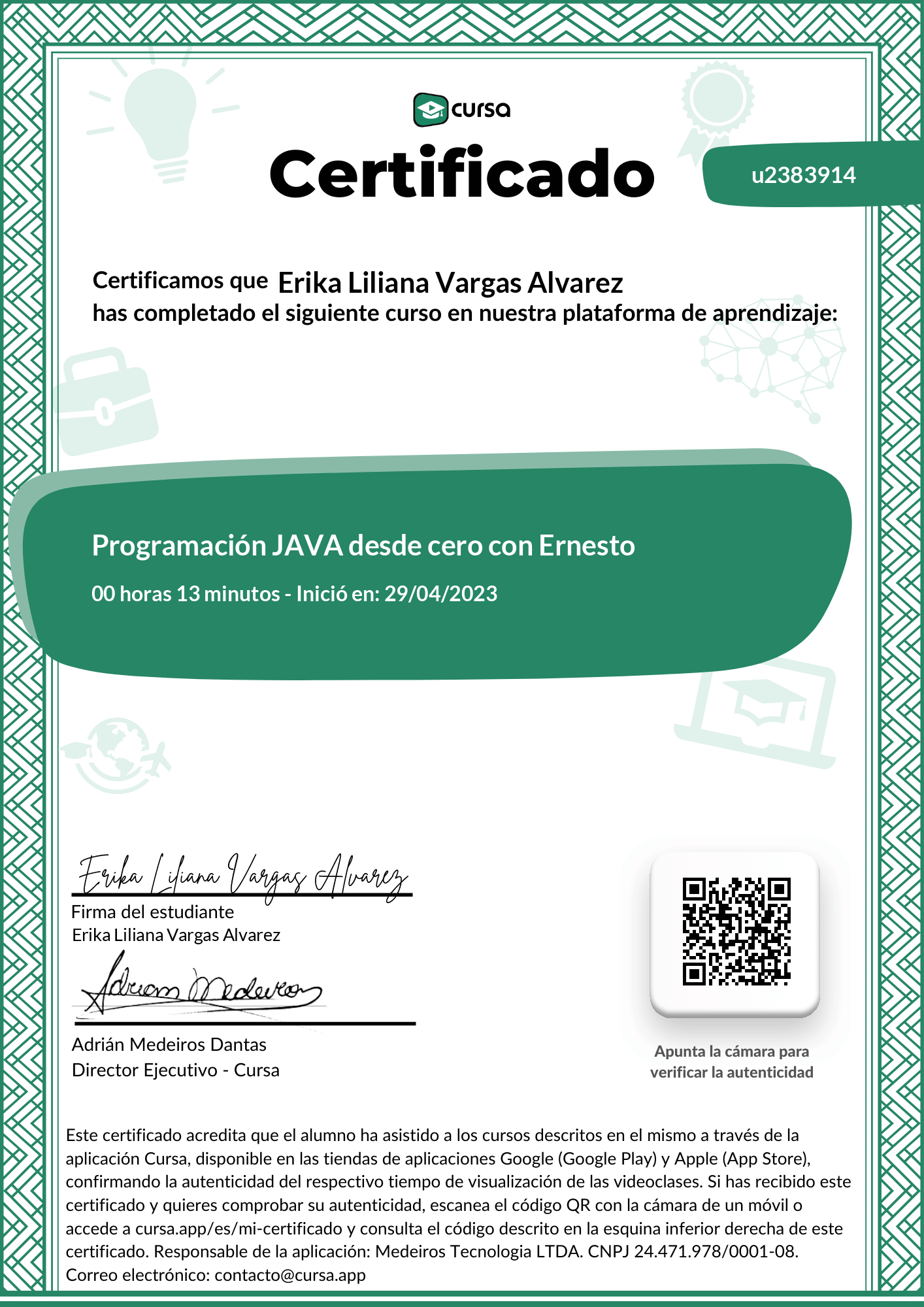 Imagen de mi Certificado de finalización del curso gratuito.