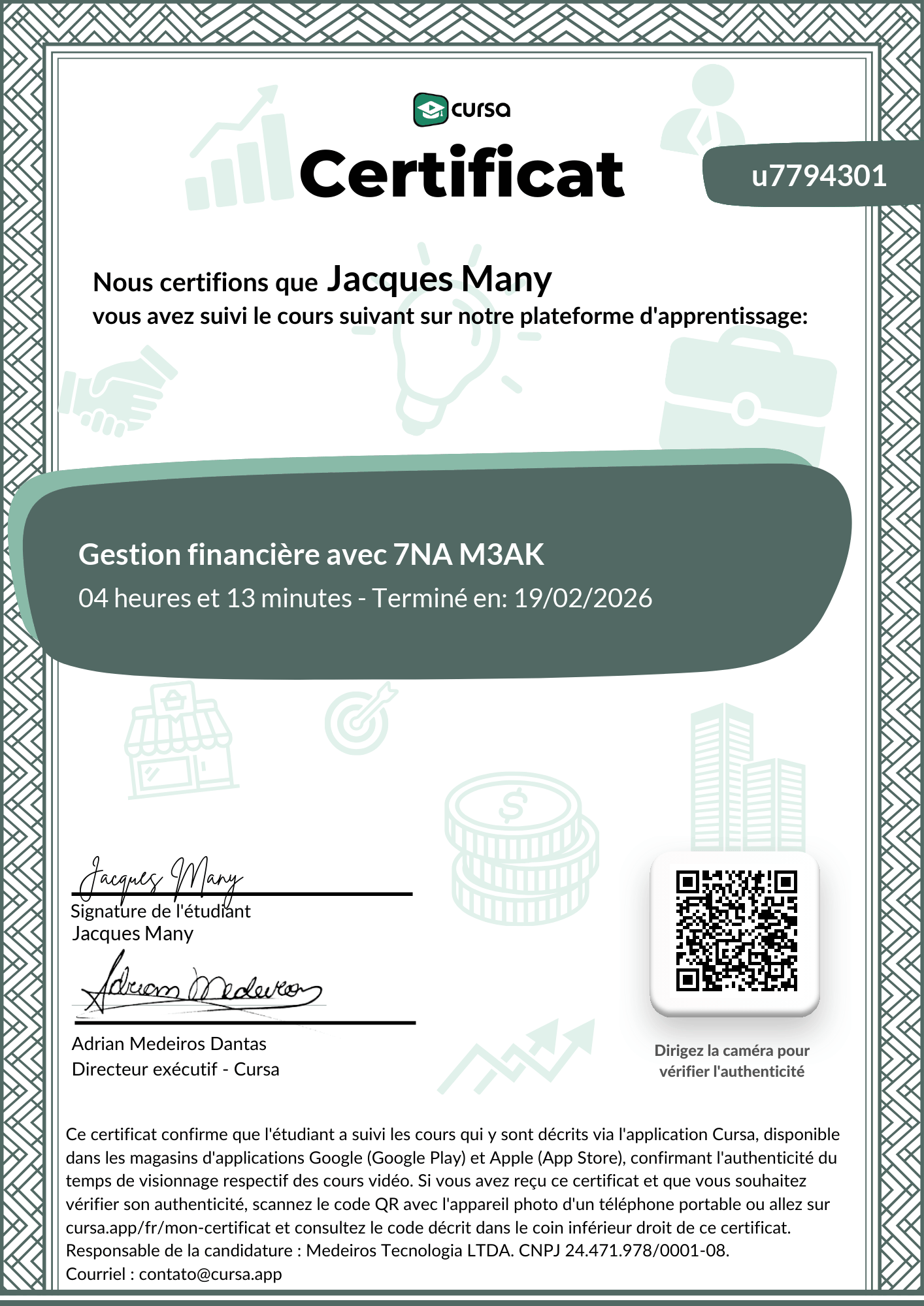 Image de mon certificat de fin de cours gratuit.
