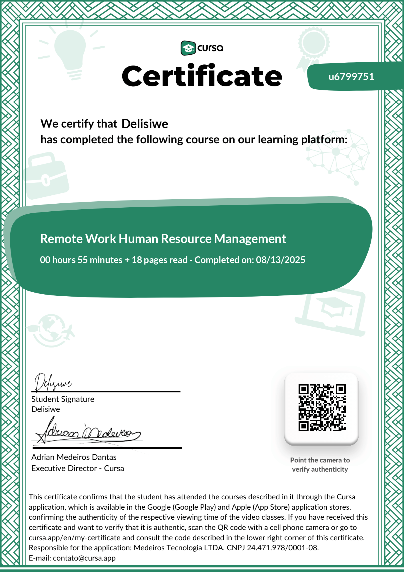 Image of my free Course Completion Certificate.