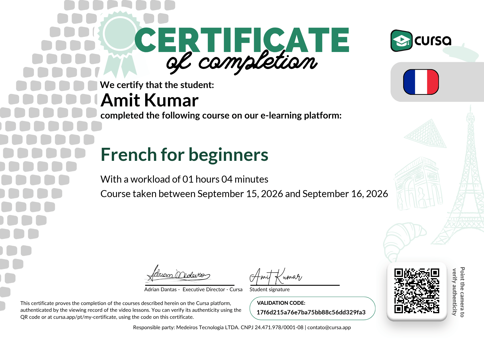 Image of my free Course Completion Certificate.