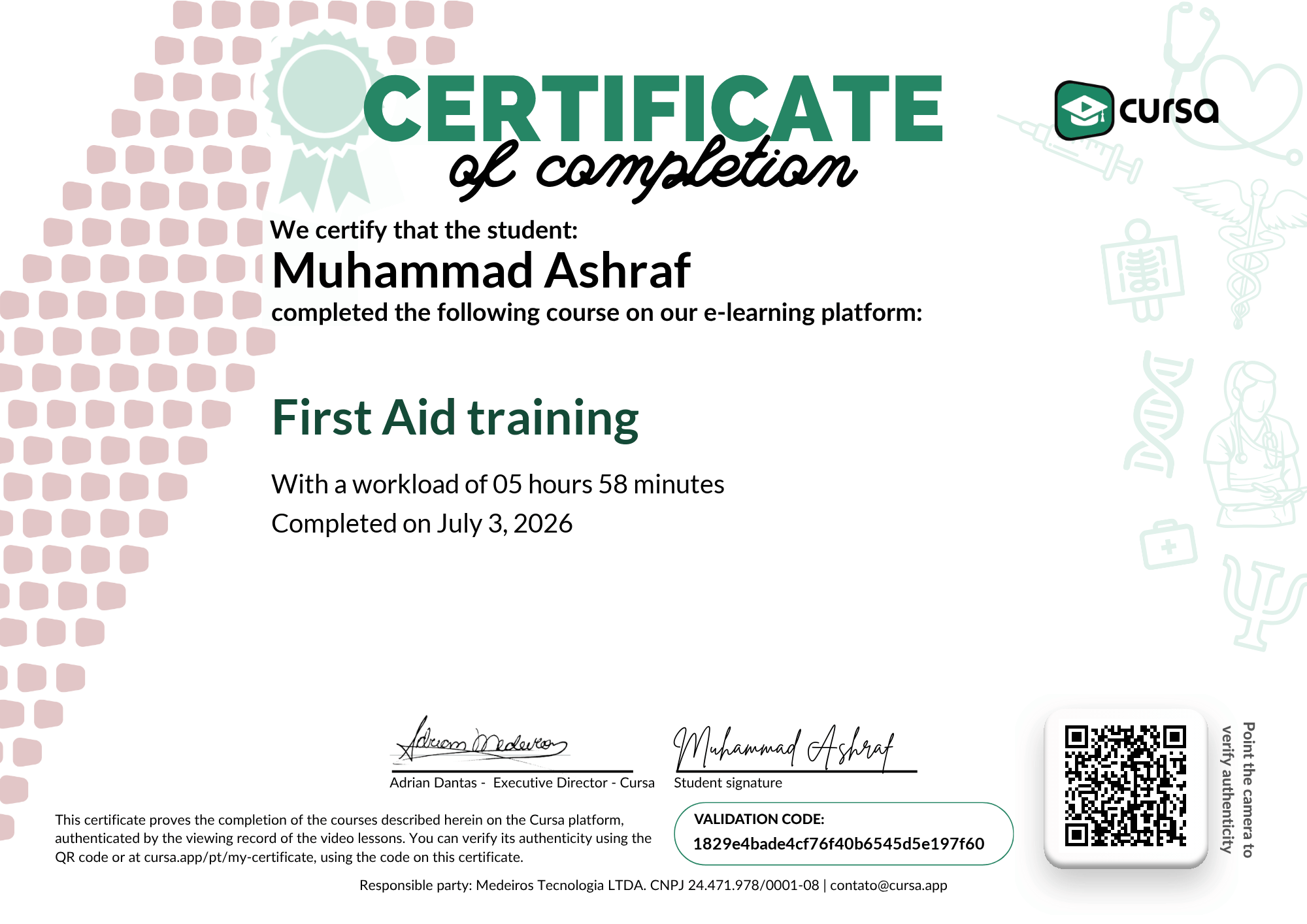 Image of my free Course Completion Certificate.