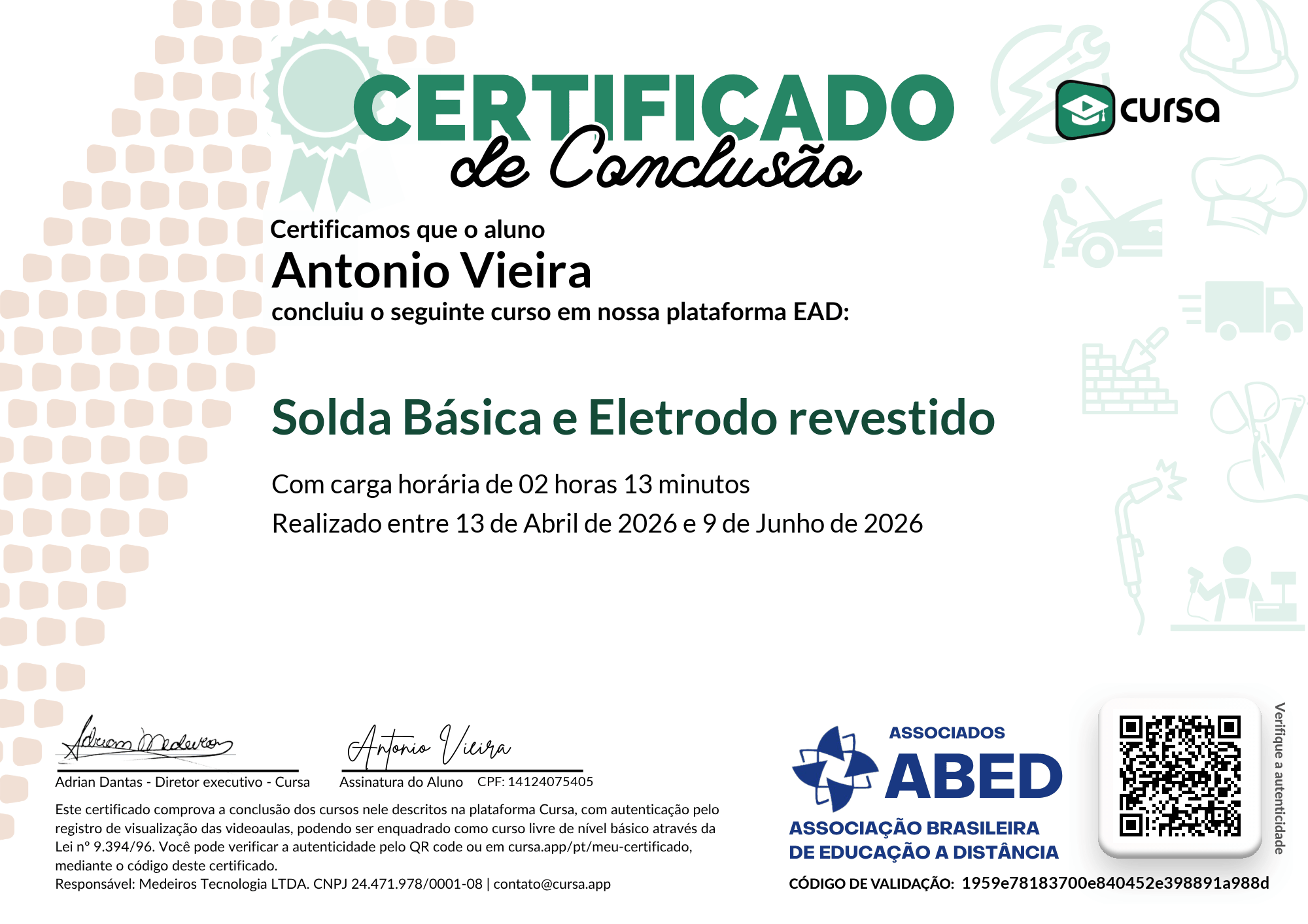 Imagem do meu Certificado gratuito de conclusão de curso.