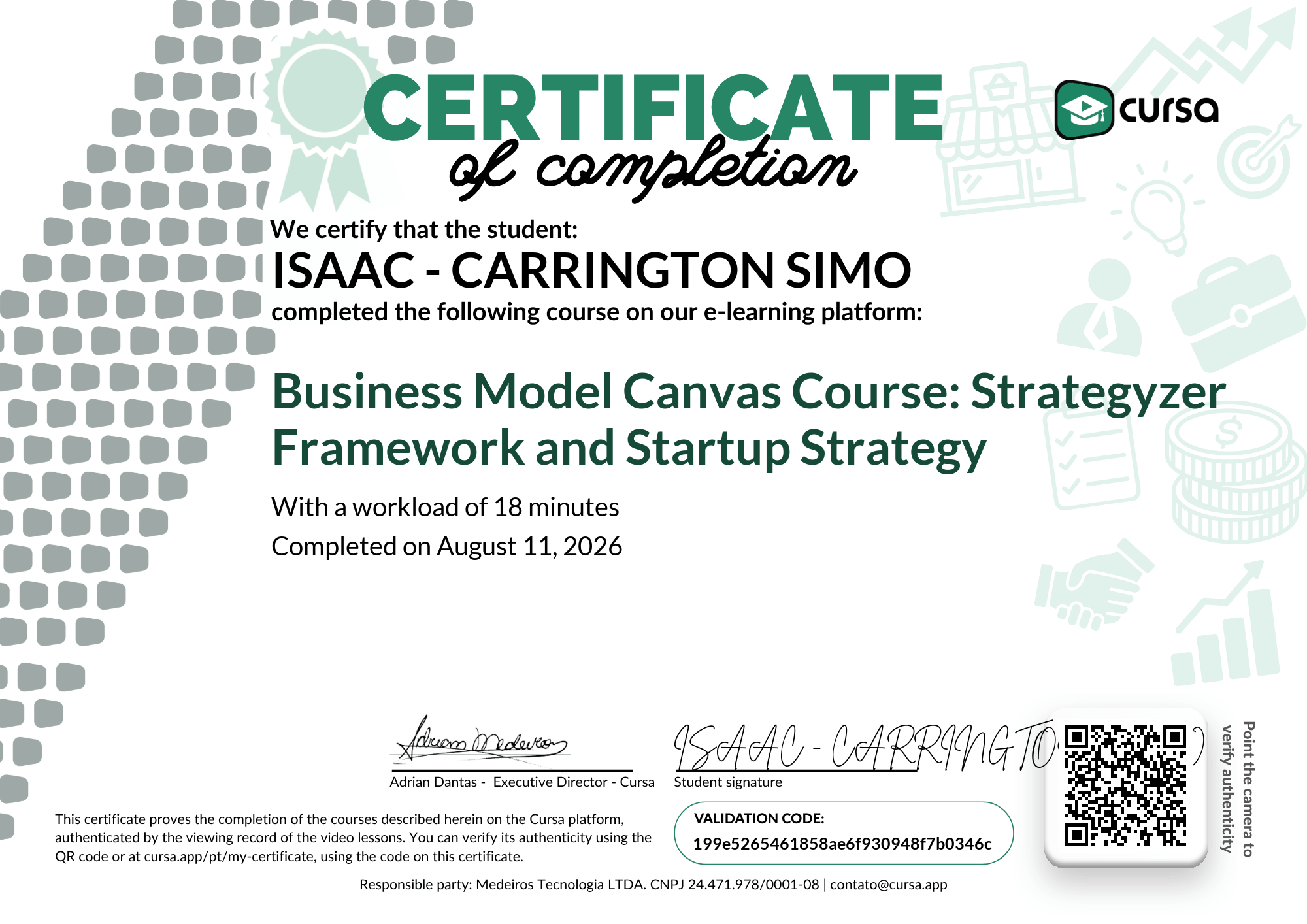 Image of my free Course Completion Certificate.