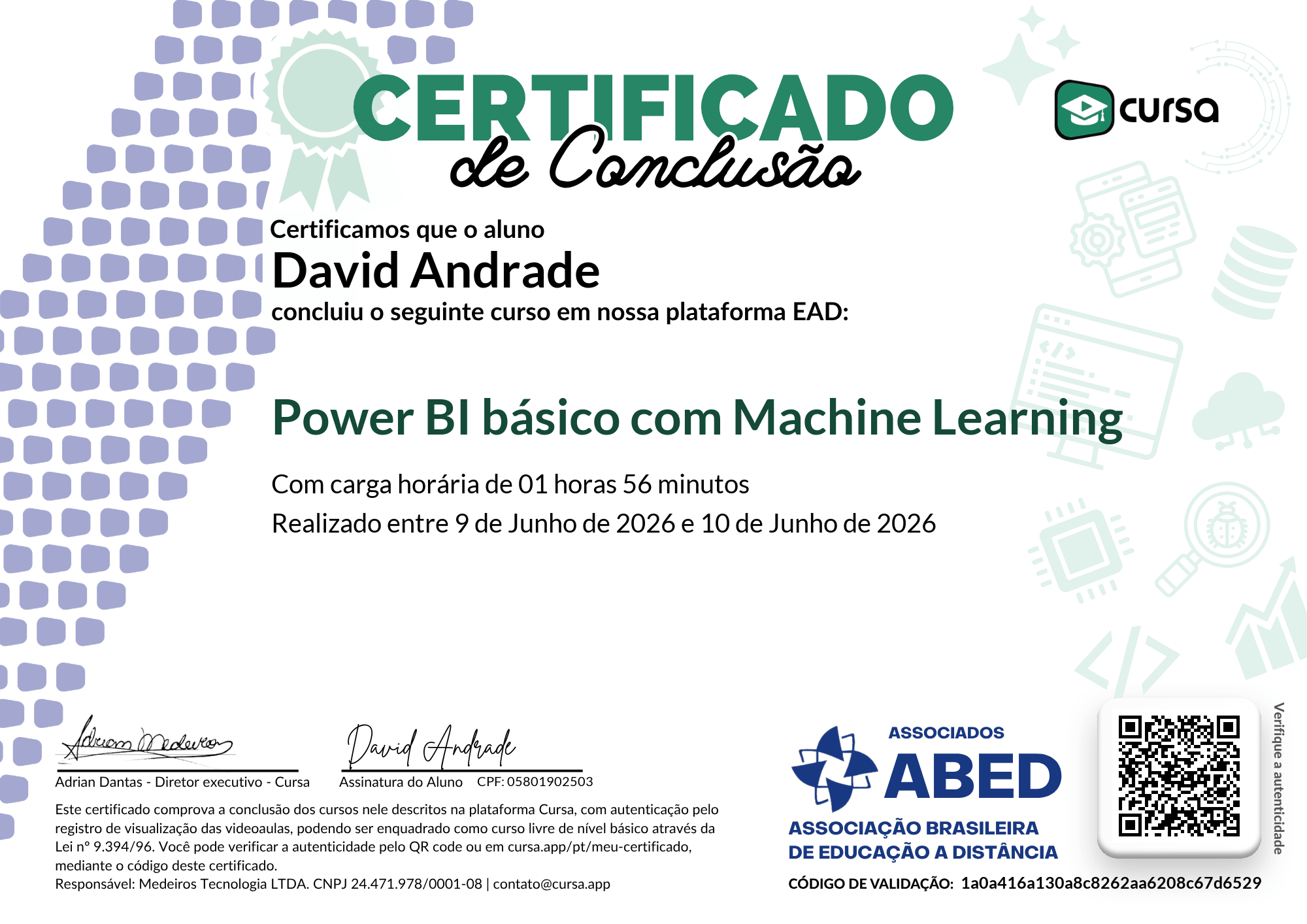 Imagem do meu Certificado gratuito de conclusão de curso.