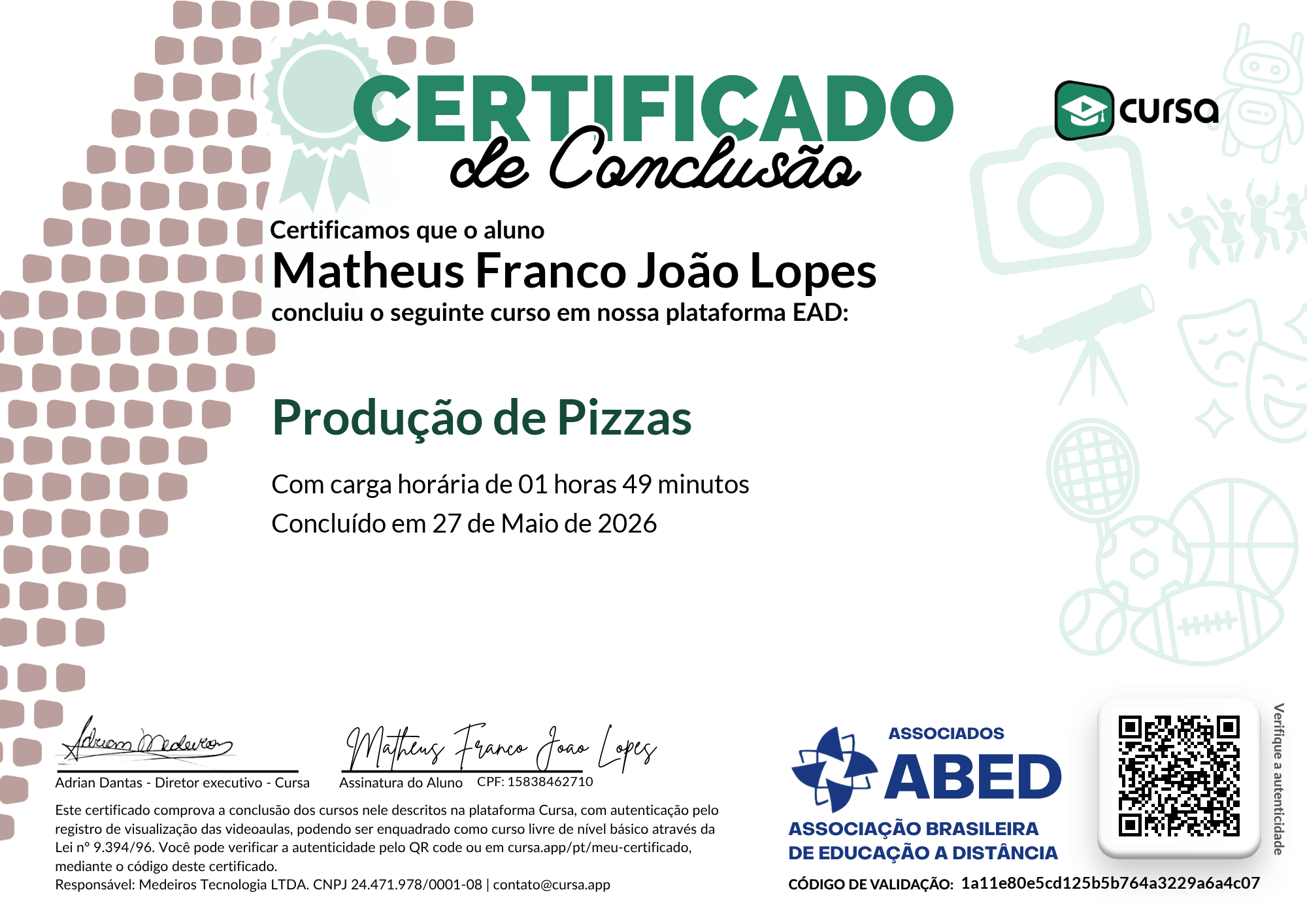 Imagem do meu Certificado gratuito de conclusão de curso.
