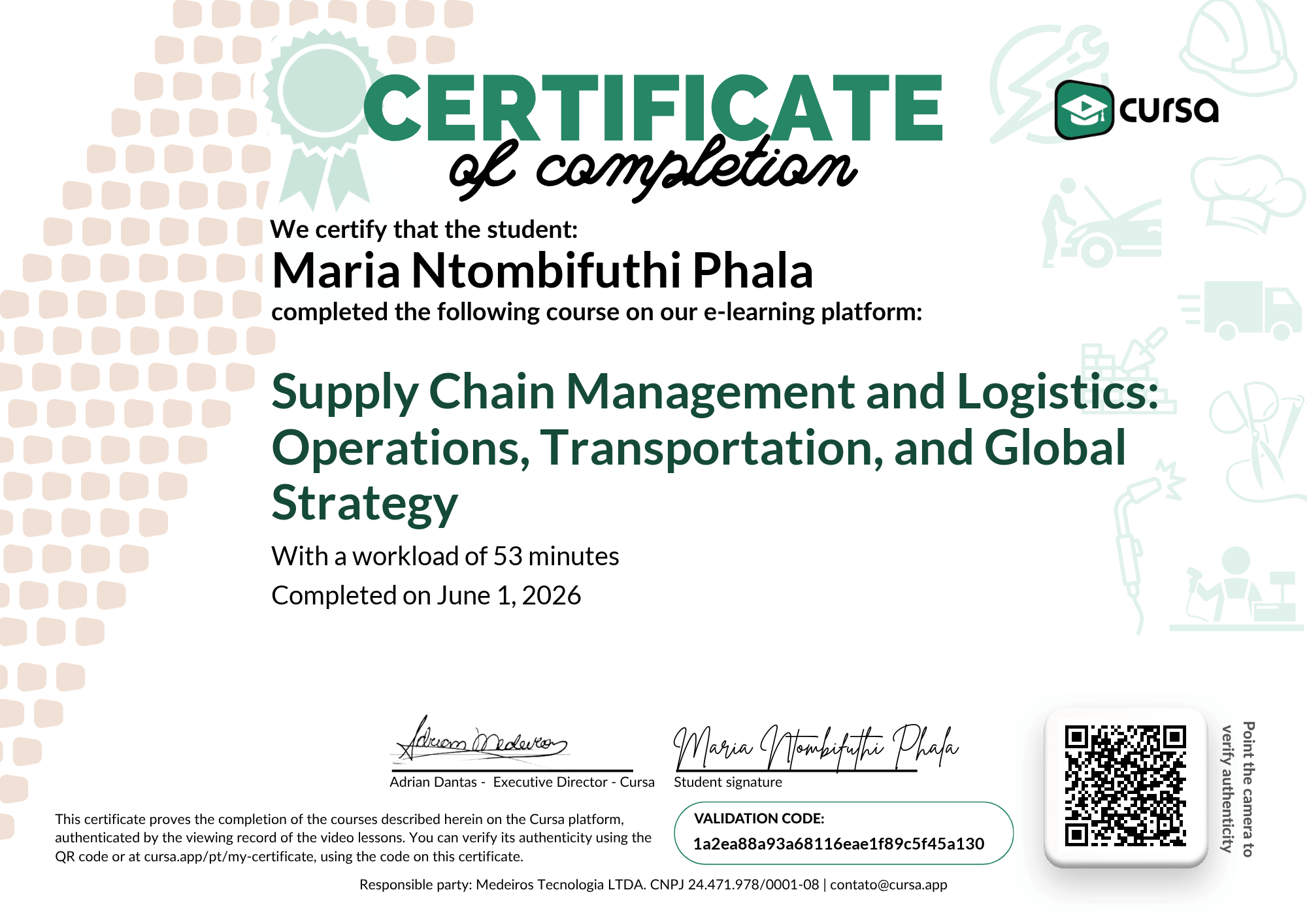Image of my free Course Completion Certificate.