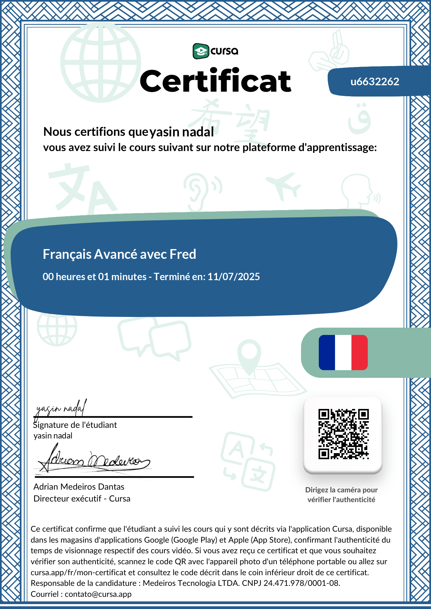 Image de mon certificat de fin de cours gratuit.