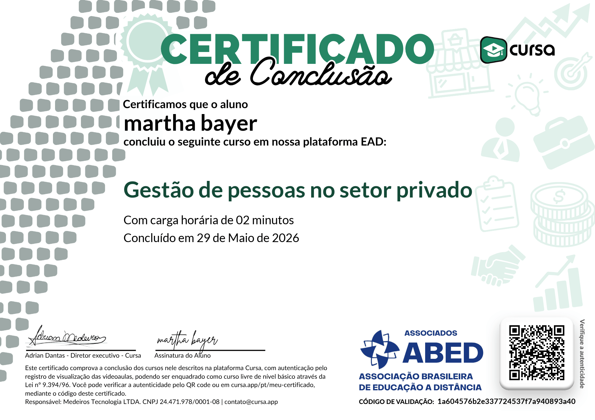Imagem do meu Certificado gratuito de conclusão de curso.