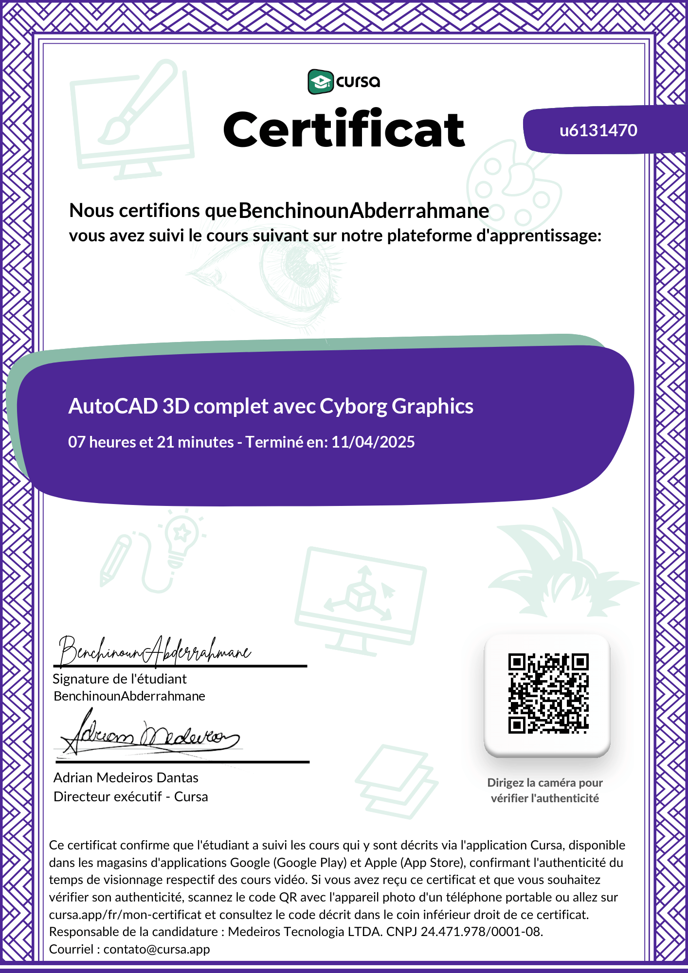 Image de mon certificat de fin de cours gratuit.