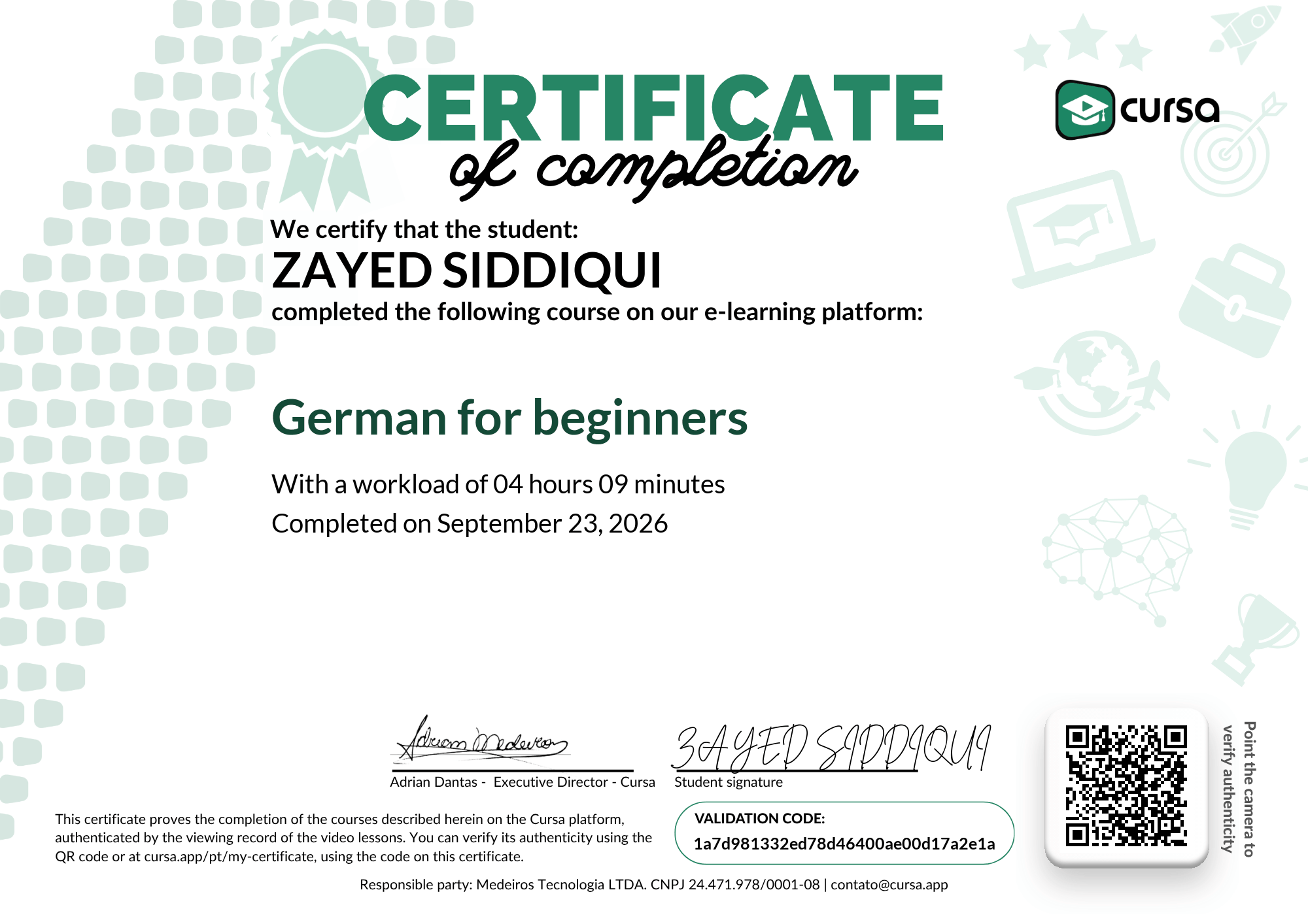Image of my free Course Completion Certificate.
