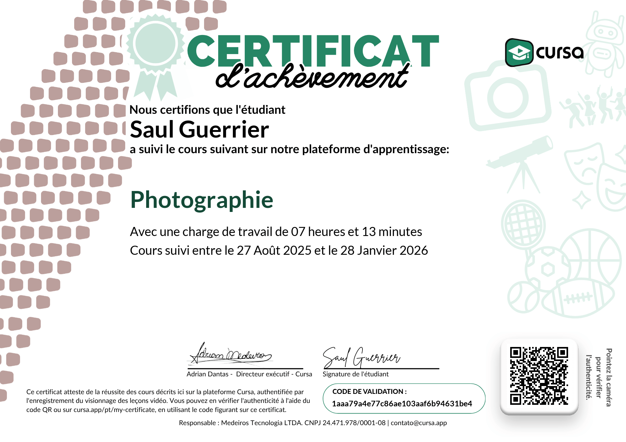 Image de mon certificat de fin de cours gratuit.
