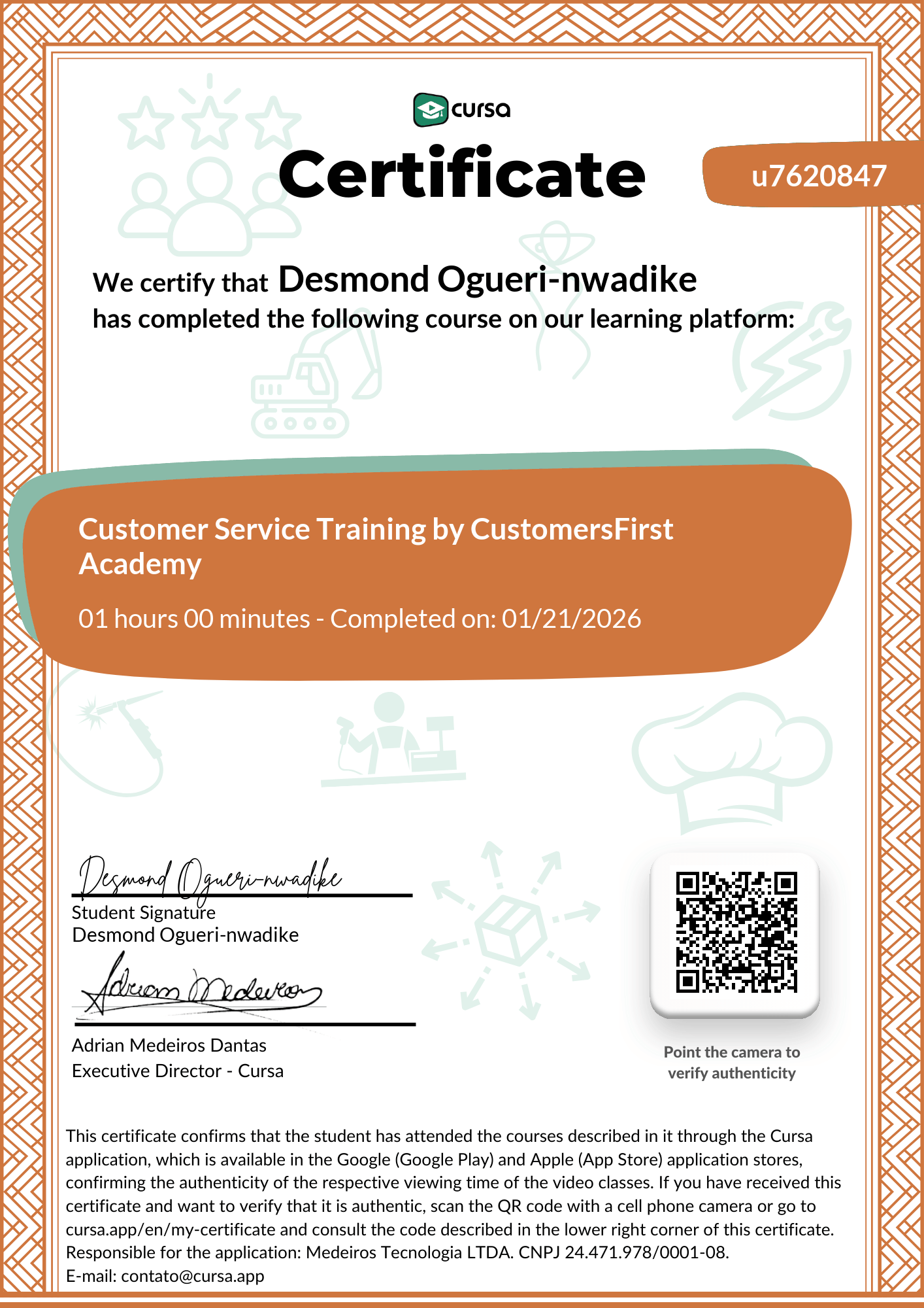 Image of my free Course Completion Certificate.