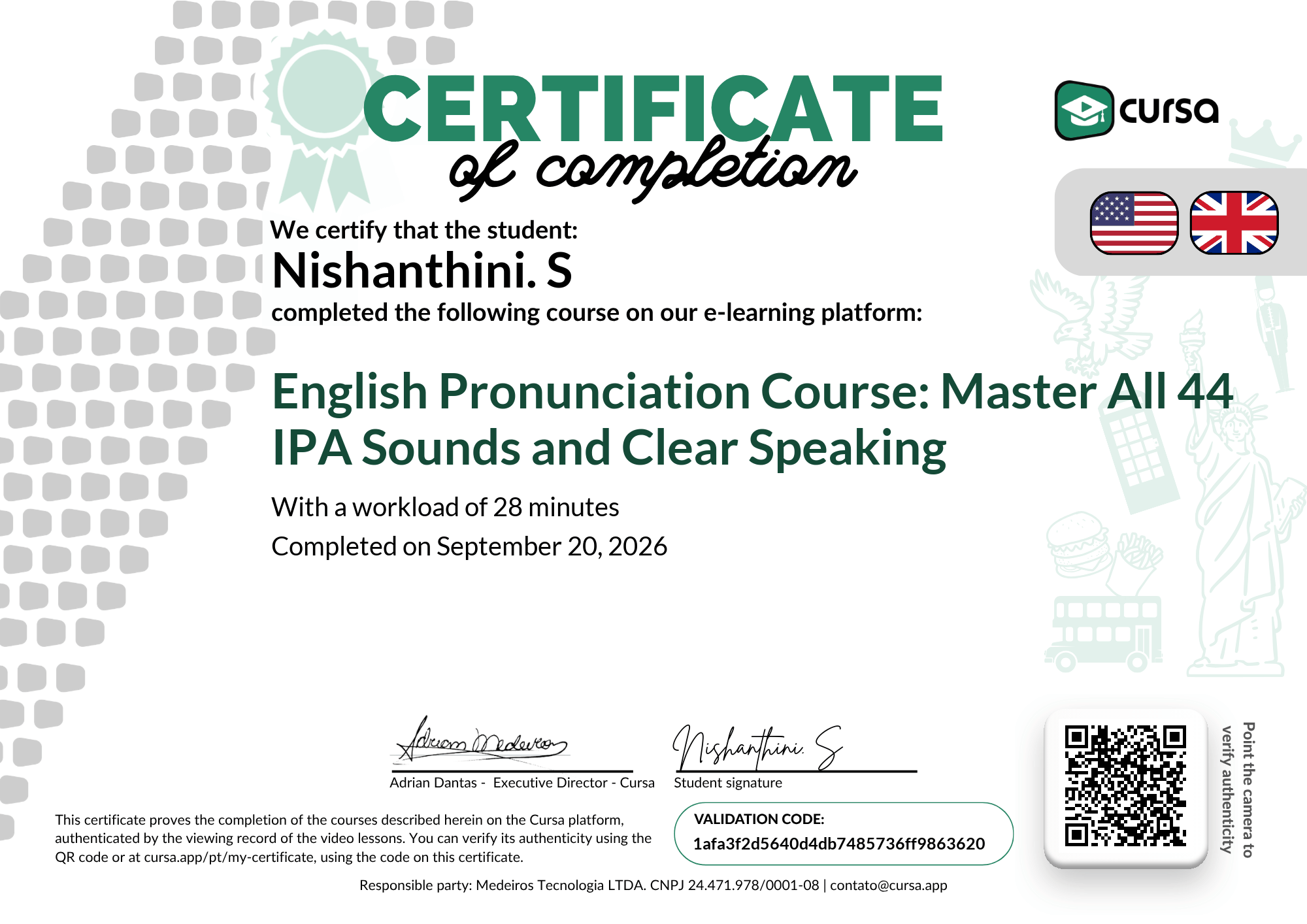 Image of my free Course Completion Certificate.