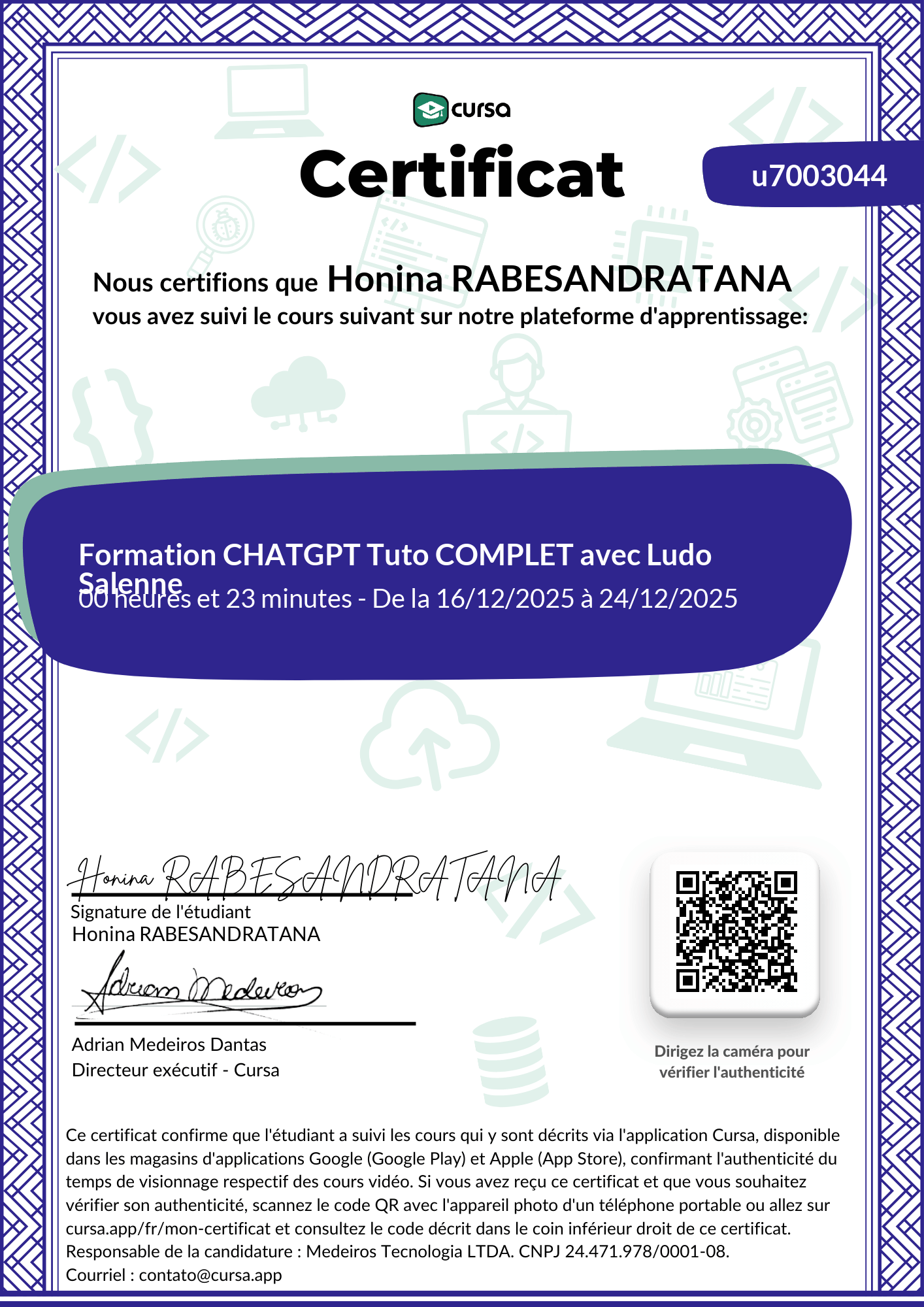 Image de mon certificat de fin de cours gratuit.