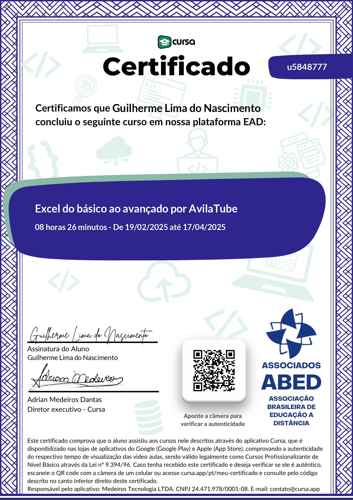 Imagem do meu Certificado gratuito de conclusão de curso.
