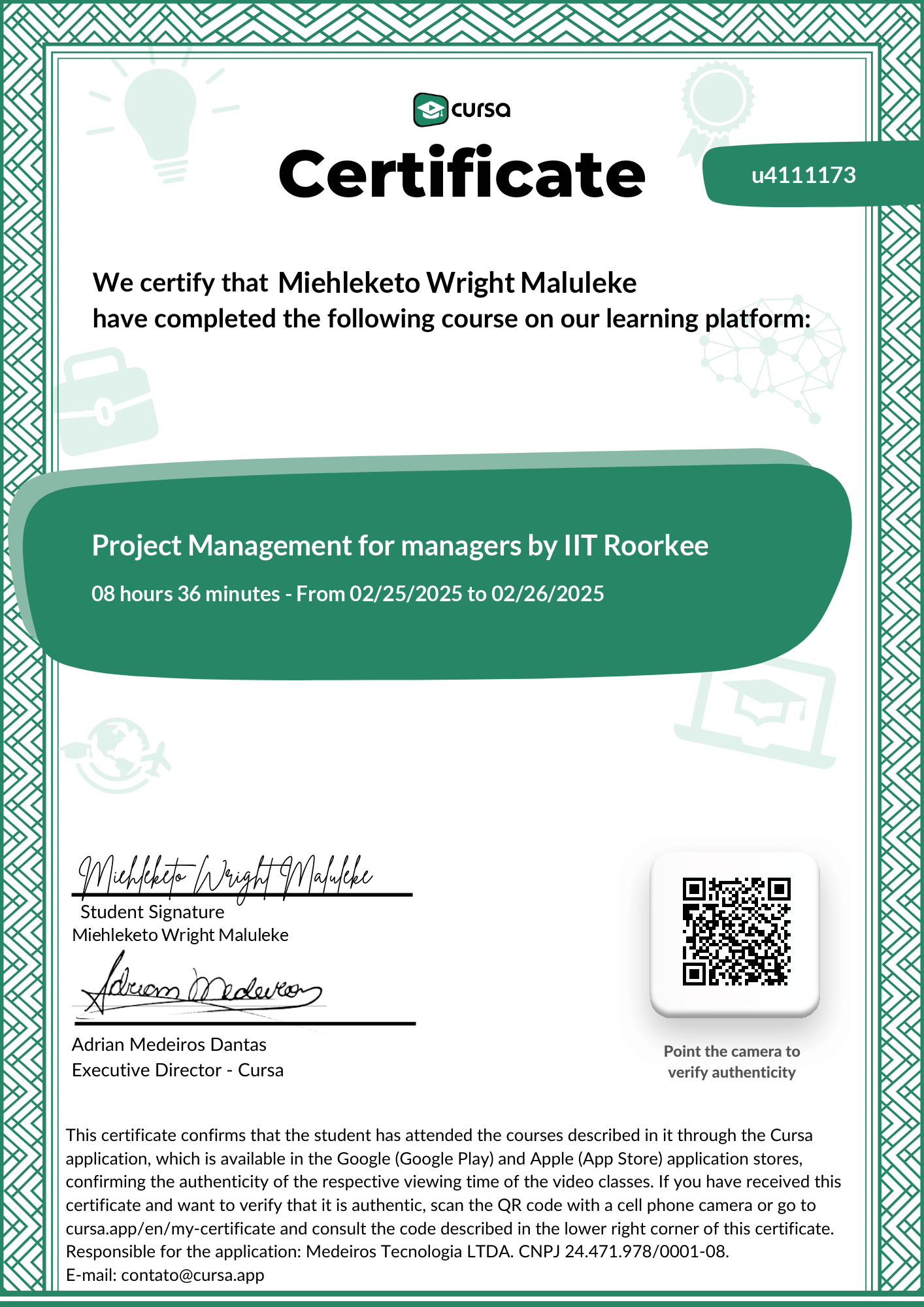 Image of my free Course Completion Certificate.