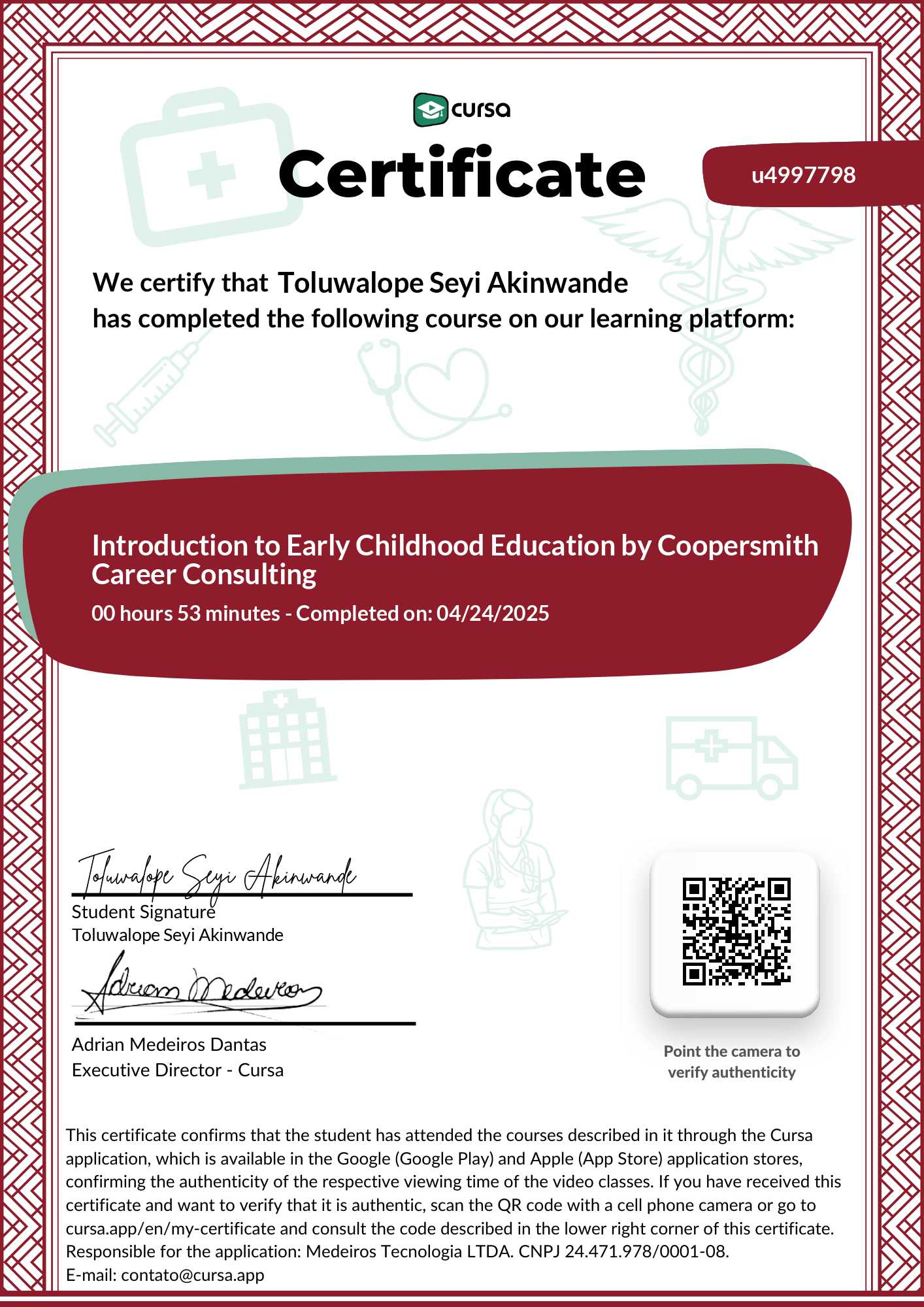 Image of my free Course Completion Certificate.