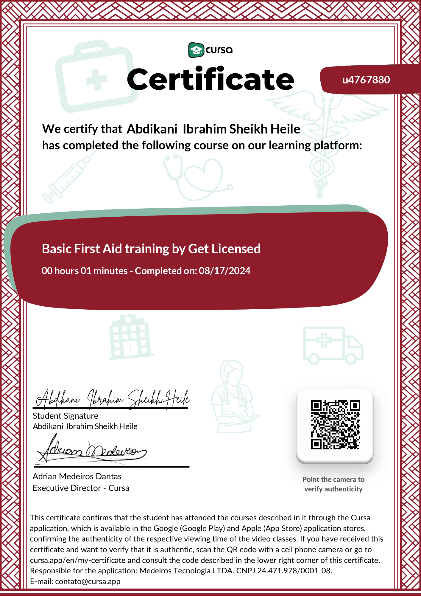 Image of my free Course Completion Certificate.