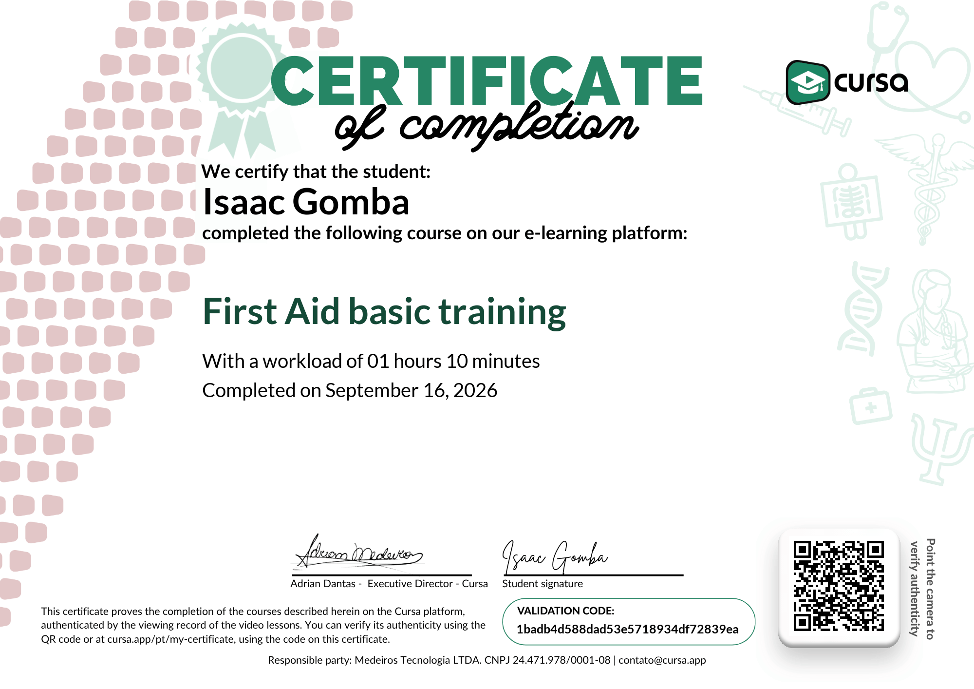 Image of my free Course Completion Certificate.