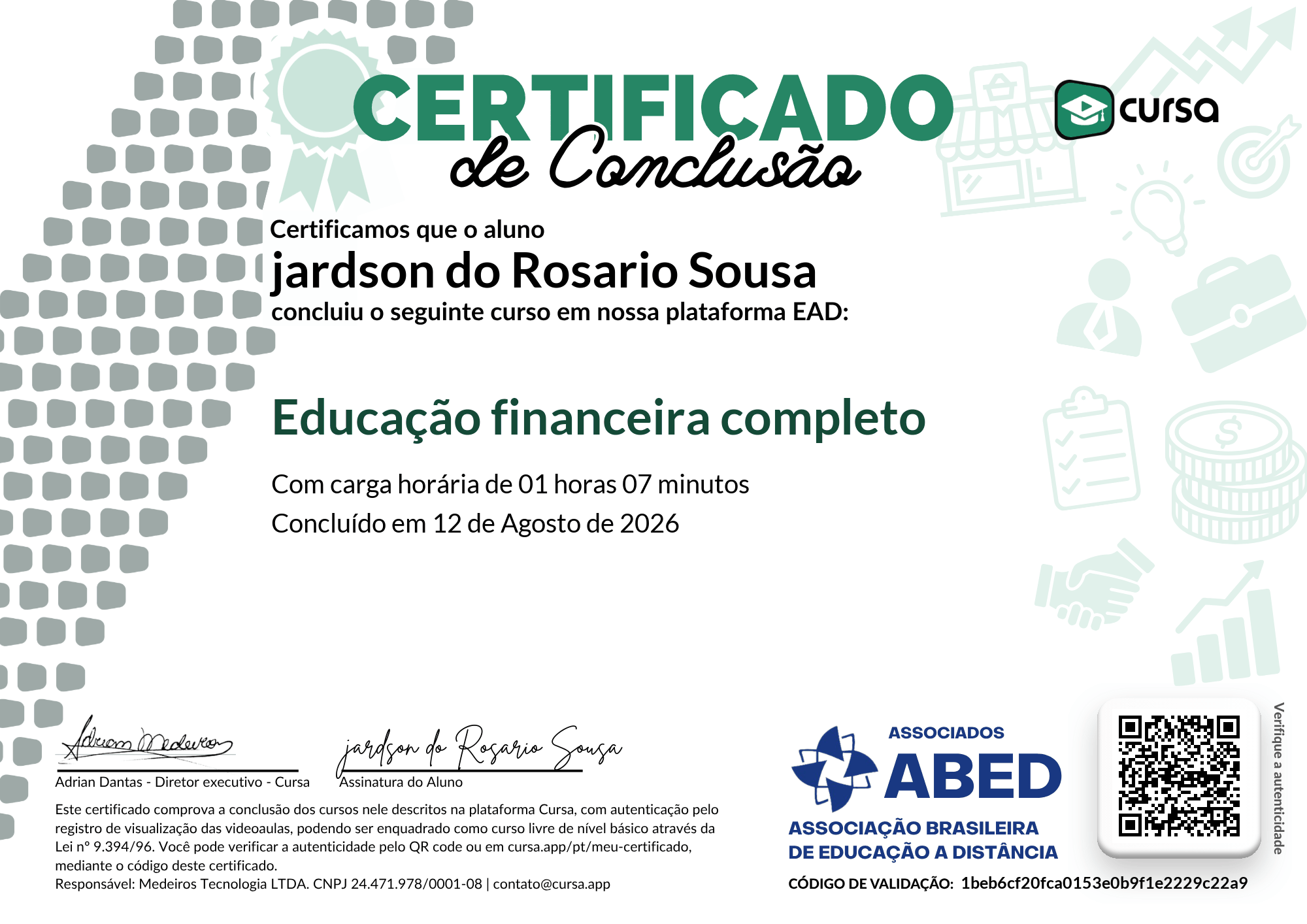 Imagem do meu Certificado gratuito de conclusão de curso.
