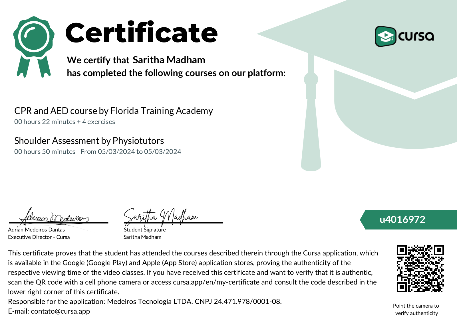 Image of my free Course Completion Certificate.