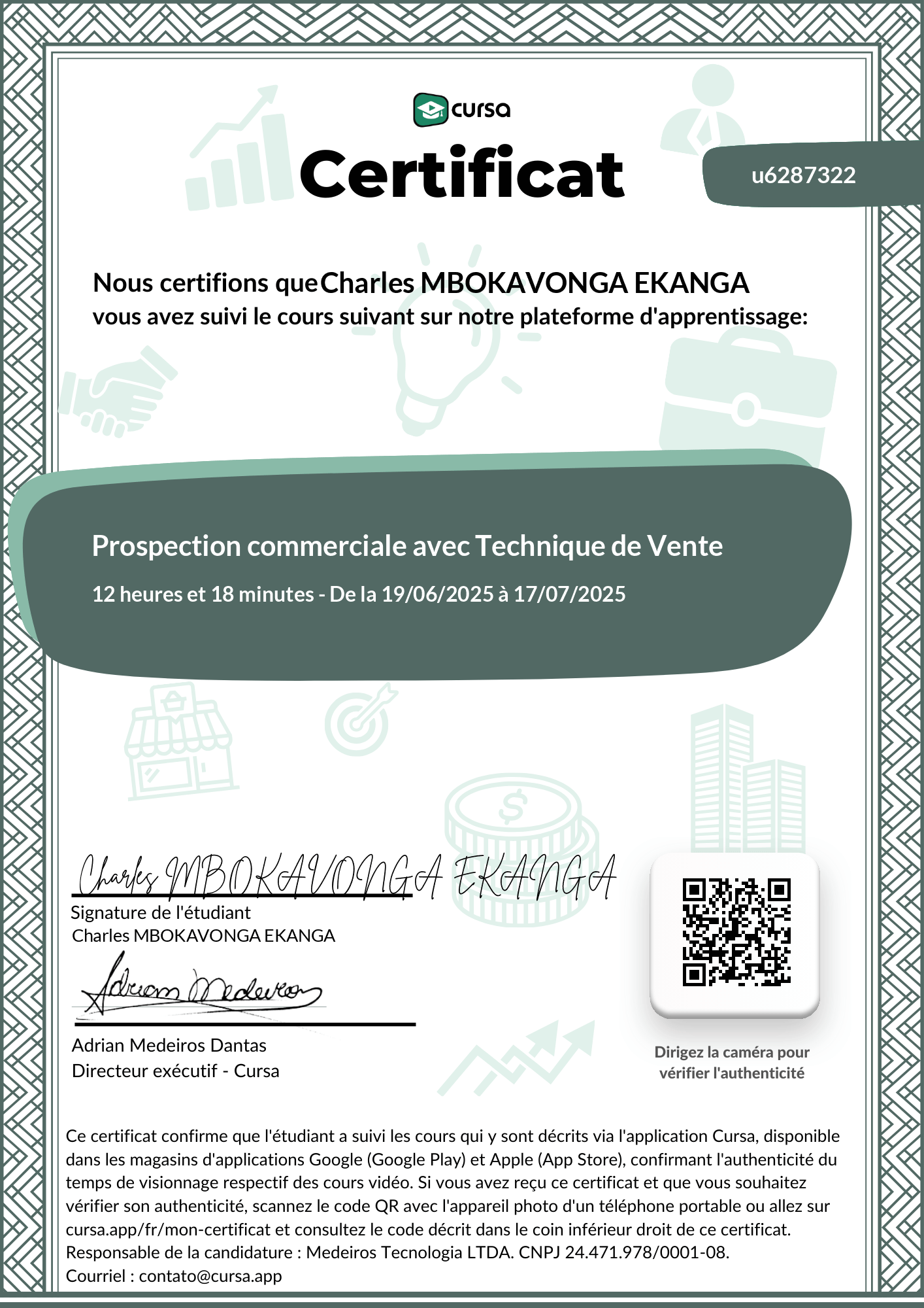 Image de mon certificat de fin de cours gratuit.