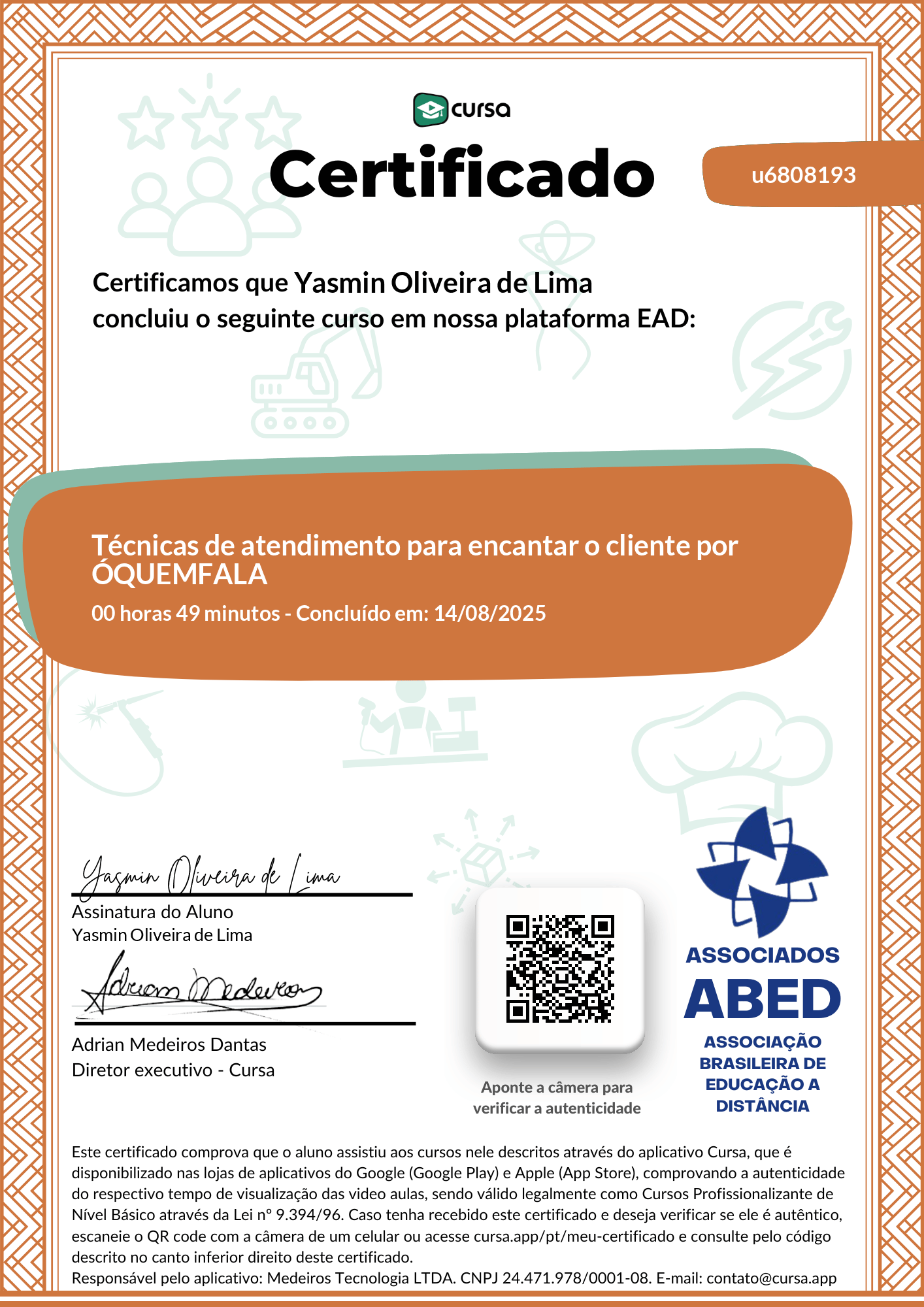 Imagem do meu Certificado gratuito de conclusão de curso.