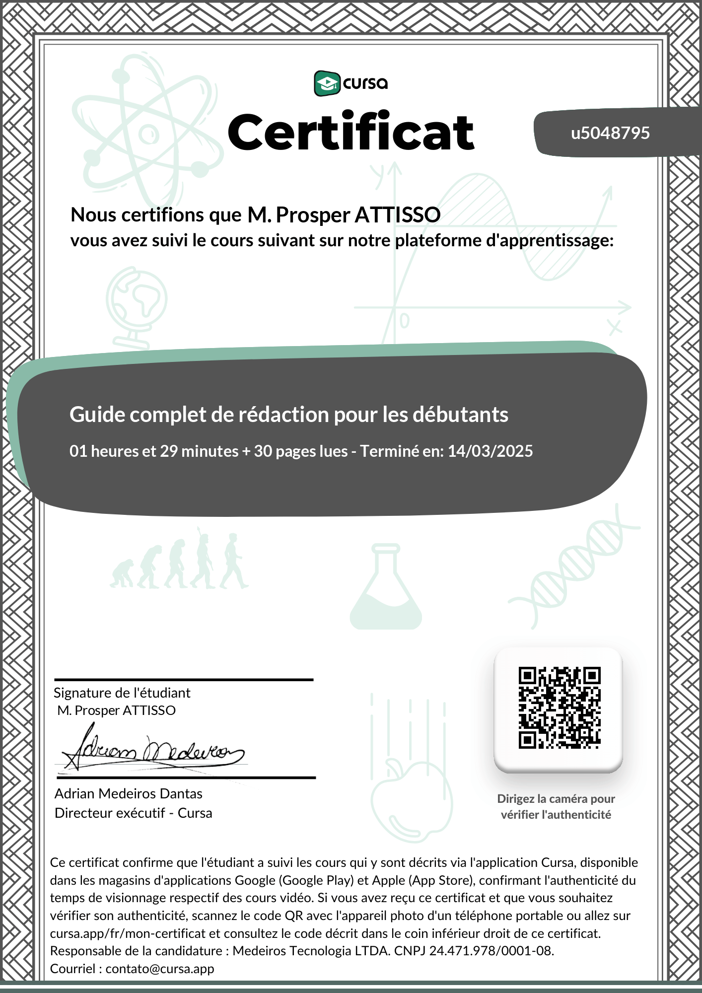 Image de mon certificat de fin de cours gratuit.