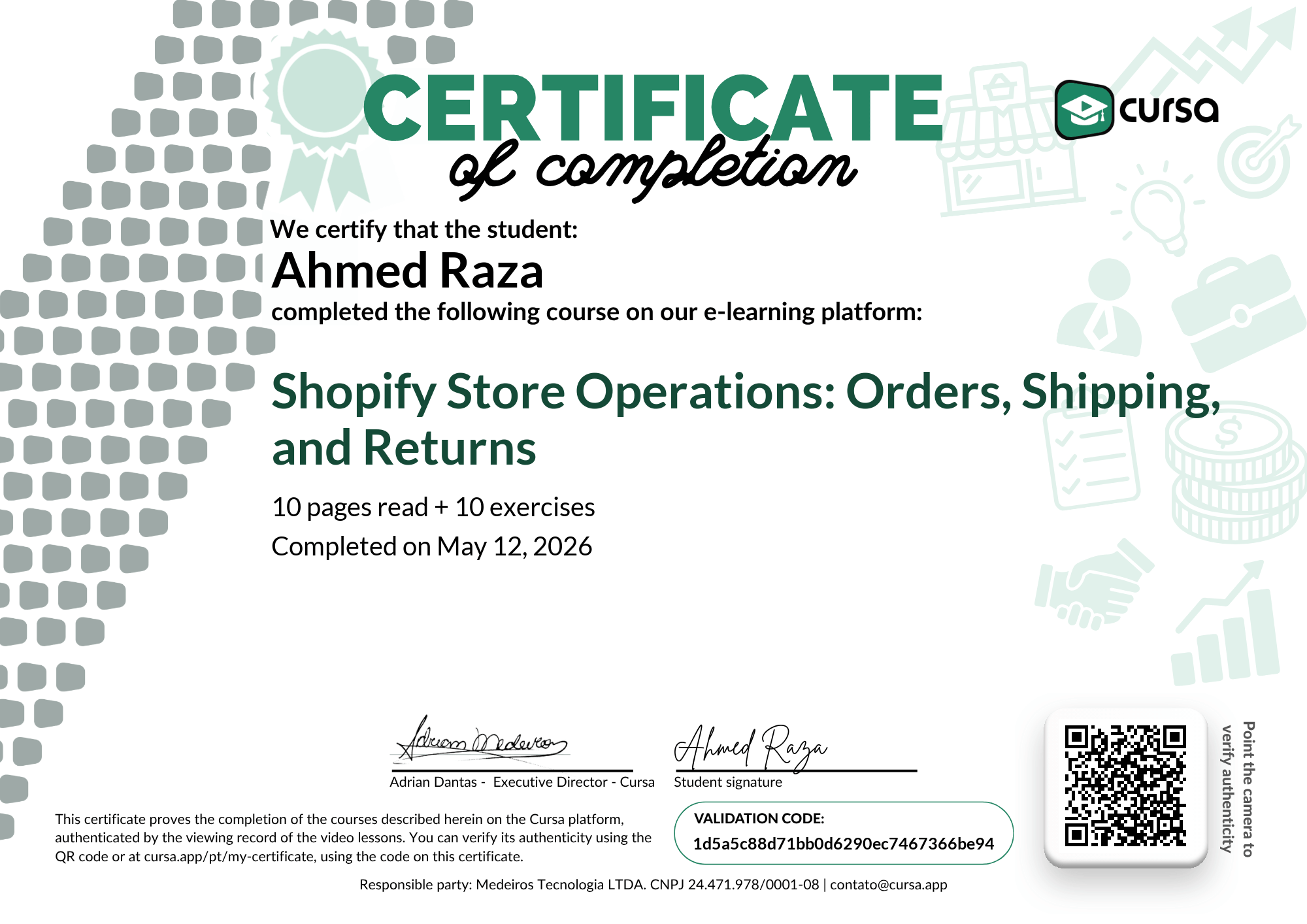 Image of my free Course Completion Certificate.