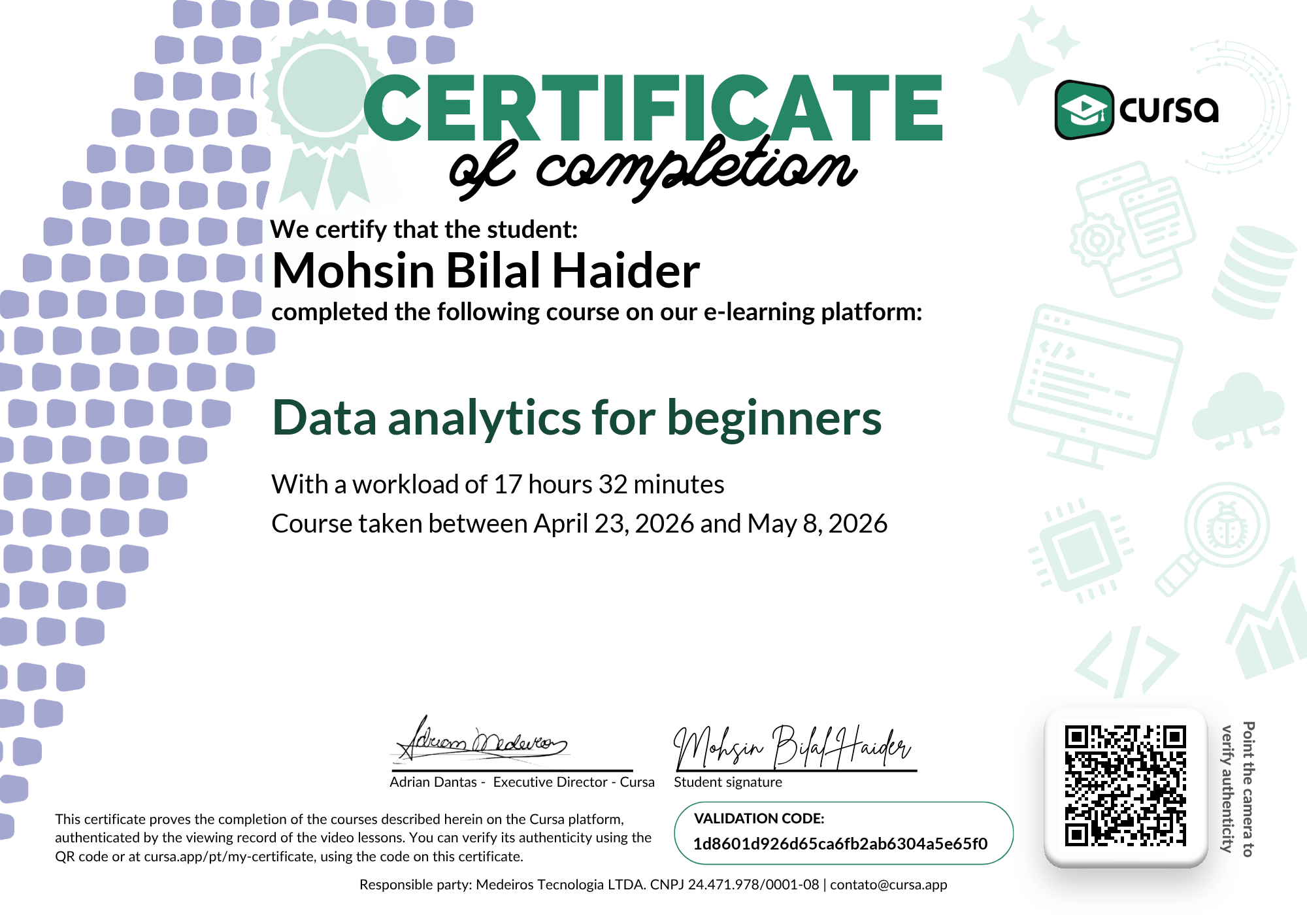 Image of my free Course Completion Certificate.