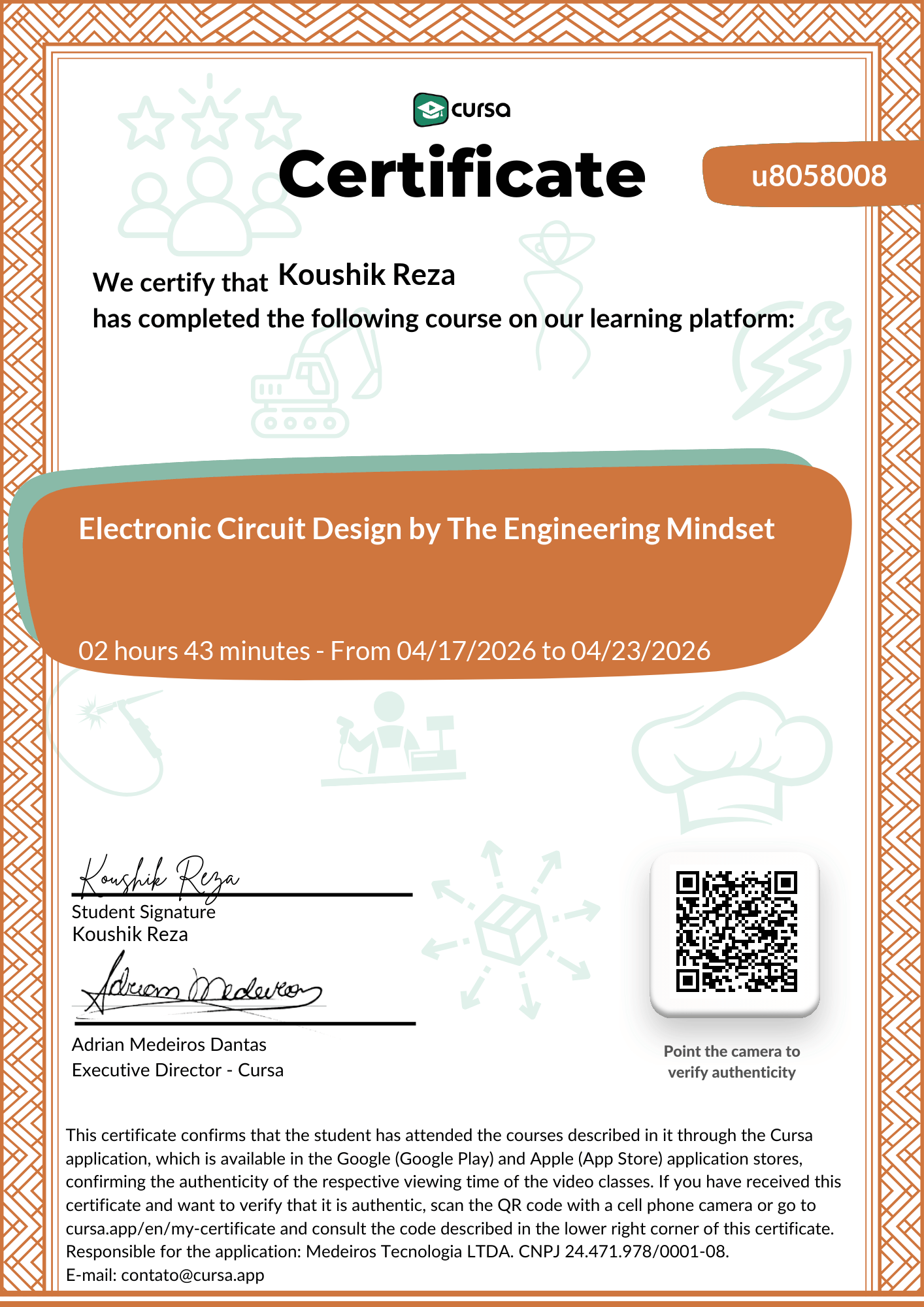 Image of my free Course Completion Certificate.