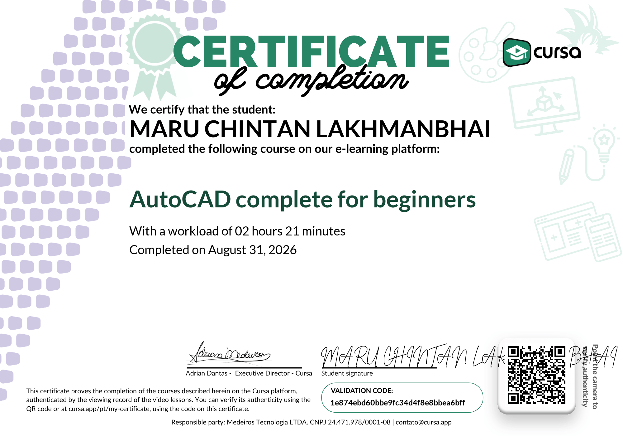 Image of my free Course Completion Certificate.